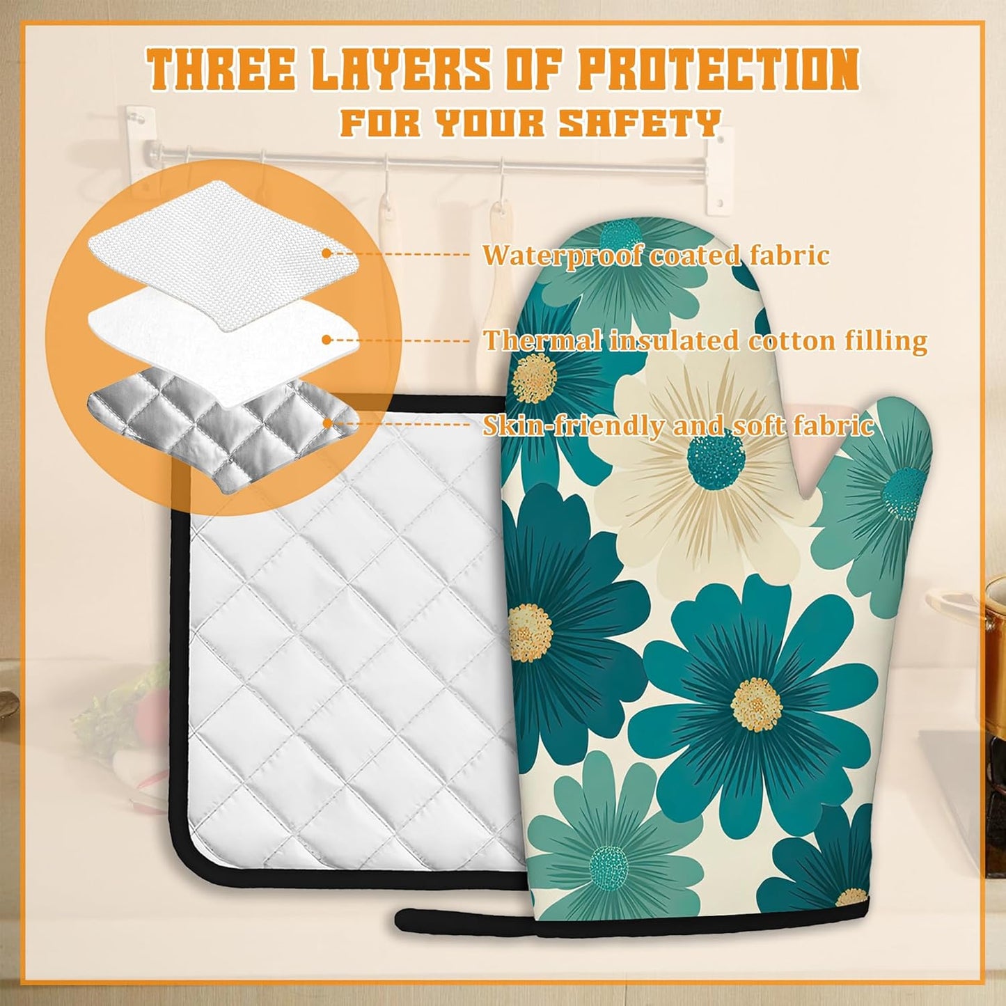 Abstract Daisy Flower Oven Mitts and Pot Holders,Retro Groovy Flowers Heat Resistant Oven Mitts Gloves and Pot Holder for Home Kitchen Decorations Cooking Baking BBQ Gifts,Set of 4