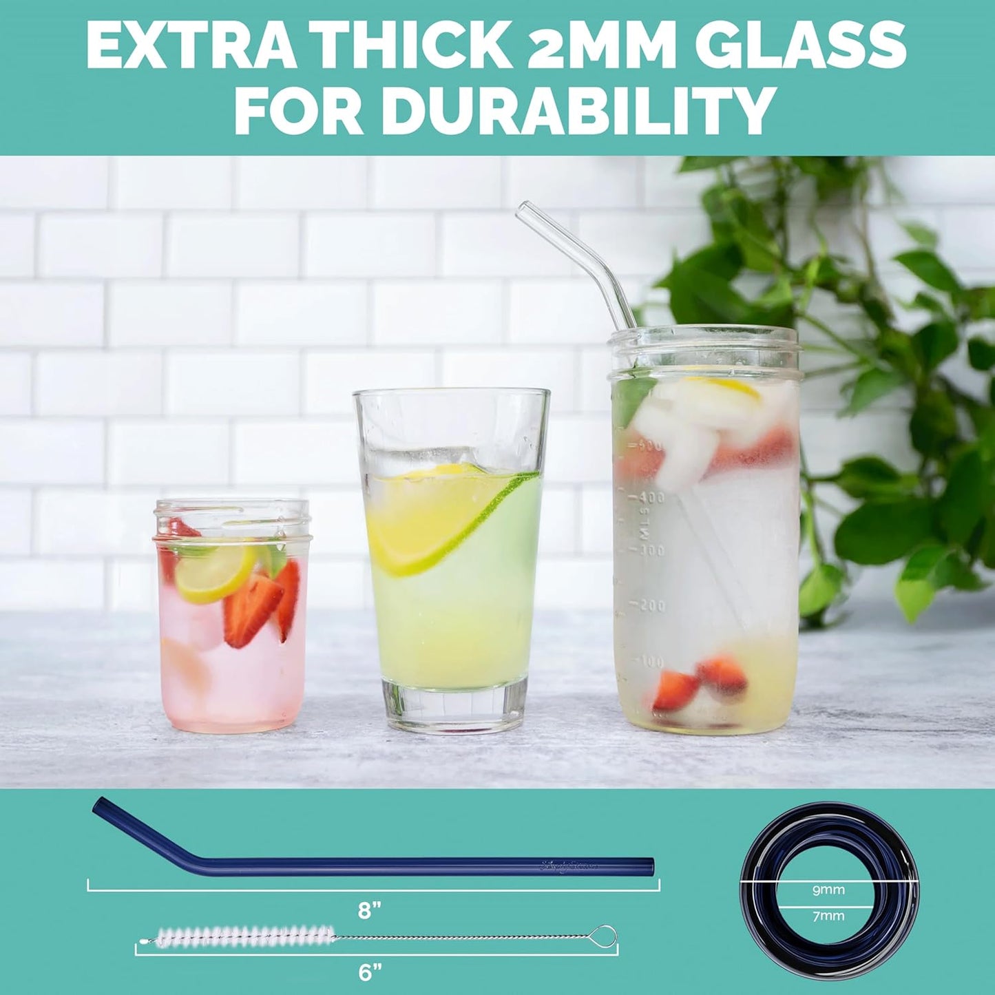 Simply Straws 8 Inch Glass Straws Bent (6-Pack) – Reusable Glass Straws for Pints & Juice Drinkware, with Cleaning Brush – Dishwasher Safe, Hot & Cold Use, BPA-Free (Seaglass)