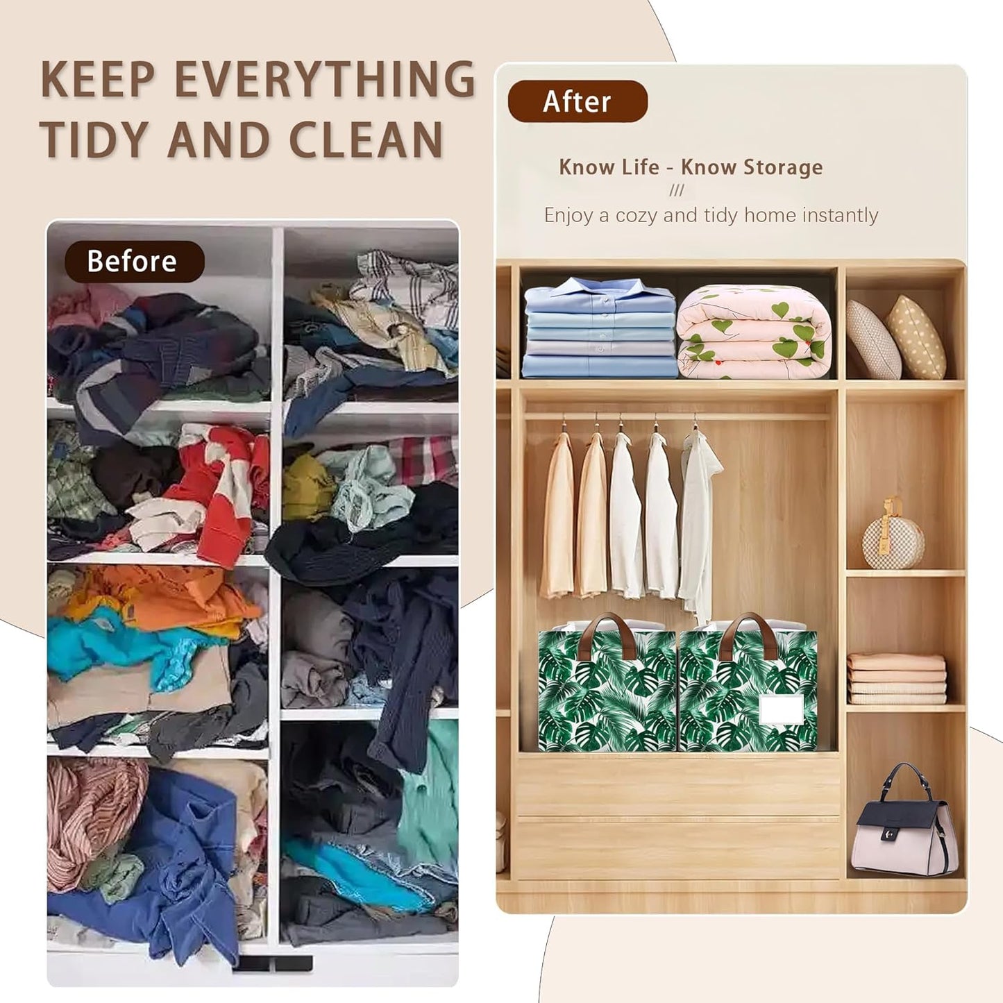 Foldable Collapsible Storage Bin with Palm & Banana Leaf Design-17x11.5x10.5 Inch Organizer Basket for Home, Nursery, Closet-Single Pack, No Lid Space-Saving Storage Box