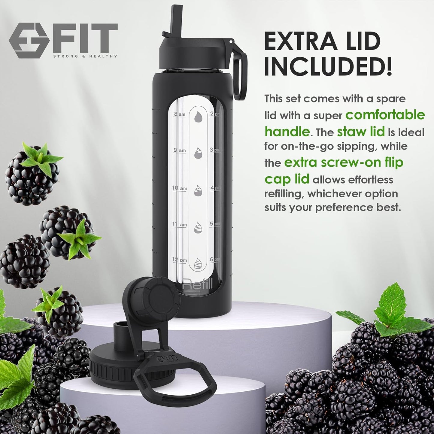 FIT Strong & Healthy 32 oz Glass Water Bottle with Straw Lid, Time Marker, Sleeve & Extra Lid - Motivational, Wide Mouth 1 Liter Glass Drinking Bottle