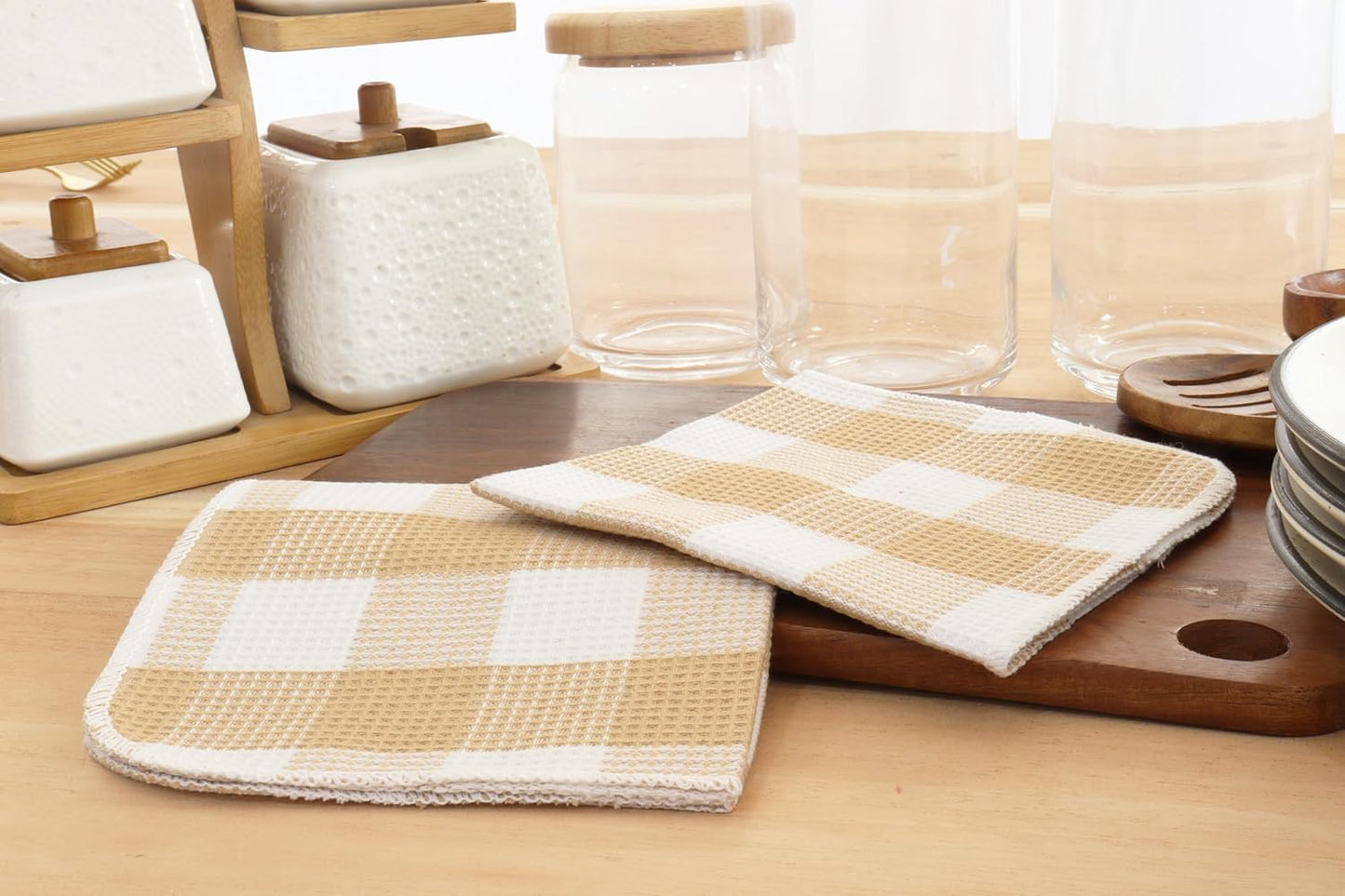PurpleEssences Waffle Weave Plaid Dish Cloths, 100% Cotton - 12 x 12 Inches, Ultra Soft Absorbent Quick Drying Dish Towels Buffalo Check Dish Rags for Kitchen, 8 Pack - Spring Summer - Beige & White