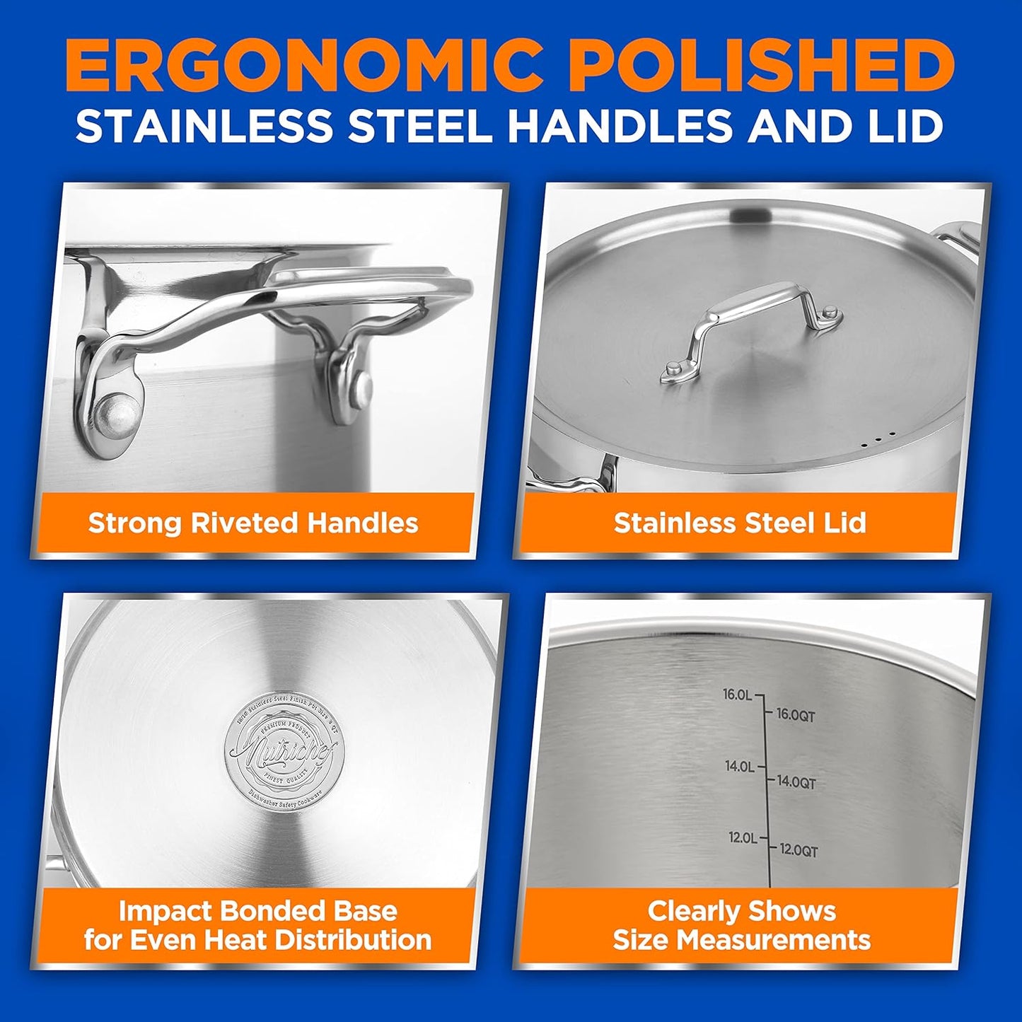 NutriChef 16-Quart Stainless Steel Stockpot - 18/8 Food Grade Heavy Duty Large Stock Pot for Stew, Simmering, Soup, Includes Lid, Dishwasher Safe, Works w/Induction, Ceramic & Halogen Cooktops