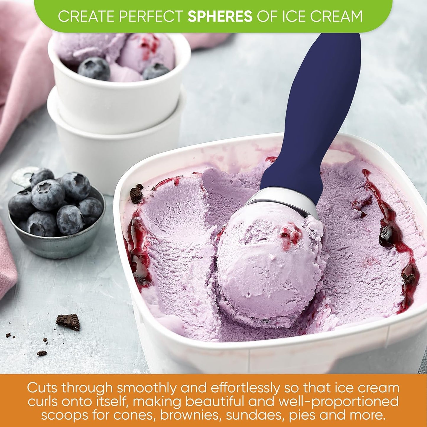 Spring Chef Ice Cream Scoop with Soft Grip Handle, Professional Heavy Duty Sturdy Scooper, Premium Kitchen Tool for Cookie Dough, Gelato, Sorbet, Sapphire