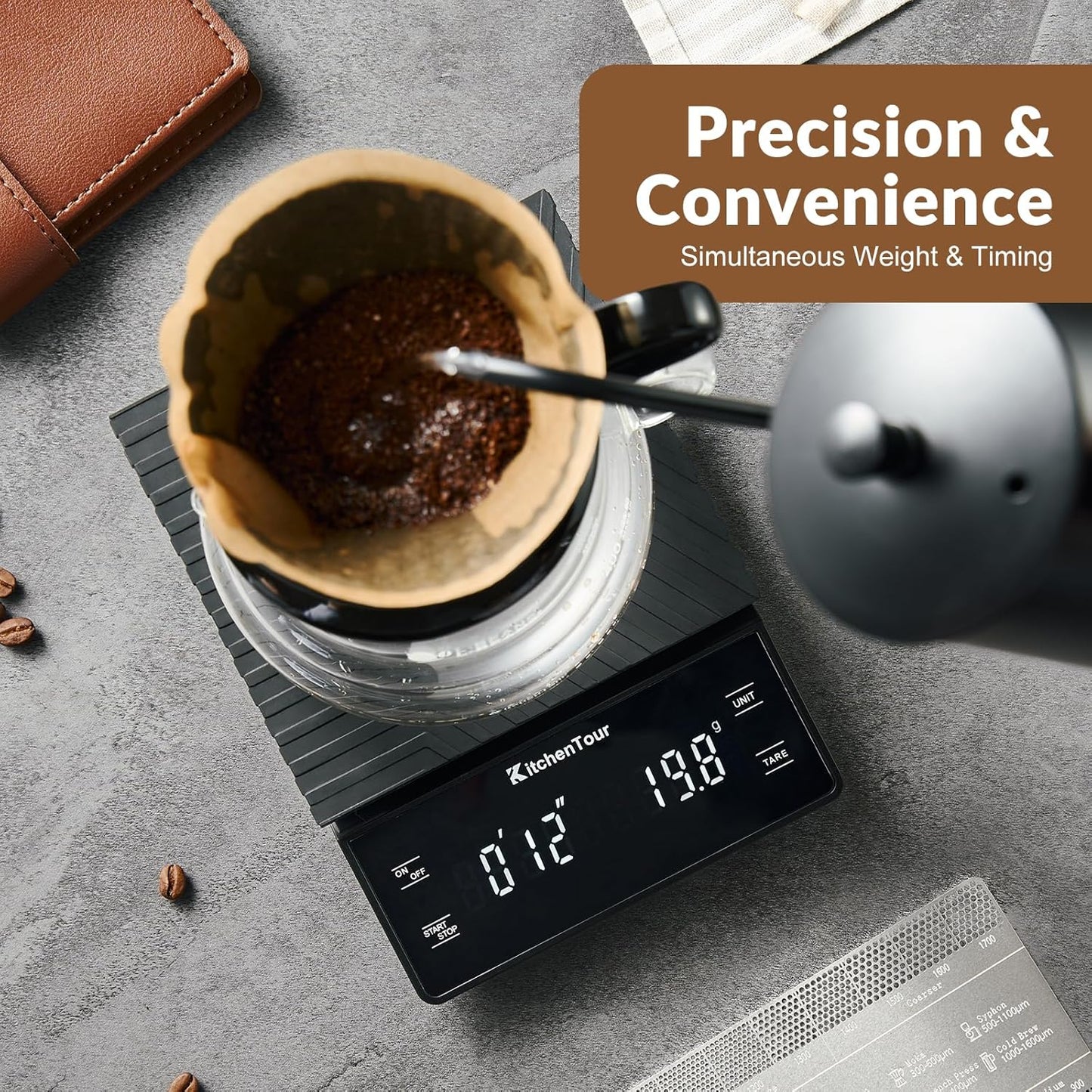 KitchenTour Coffee Scale with Timer 3kg/0.1g - High Precision Pour Over Drip Espresso Scale with Back-Lit LCD Display - Stain Steel Platform(Batteries Included)