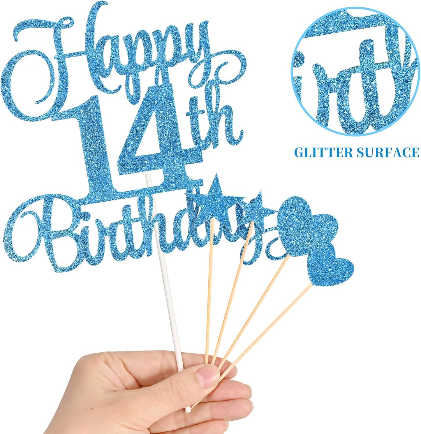 14th Birthday Cake Decorations, 14th Birthday Candles Cake Numeral Candles and Glitter Happy 14th Birthday Cake Toppers Set for Birthday Party Supplies (Blue)