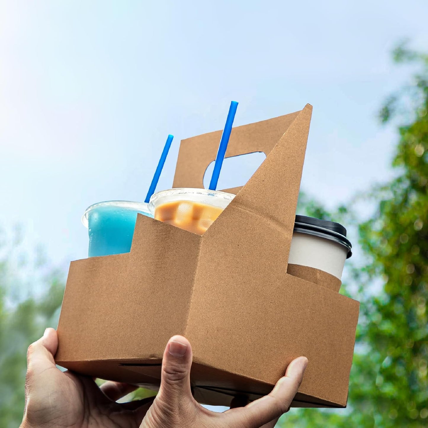 FMP Brands 4 Cup Disposable Drink Carrier with Handle, 200 Pack Kraft Paperboard Handled Cup Carrier, 12-30 oz to Go Coffee Cup Holder, Cold Hot Drinks, Takeout, Cafe and Restaurant