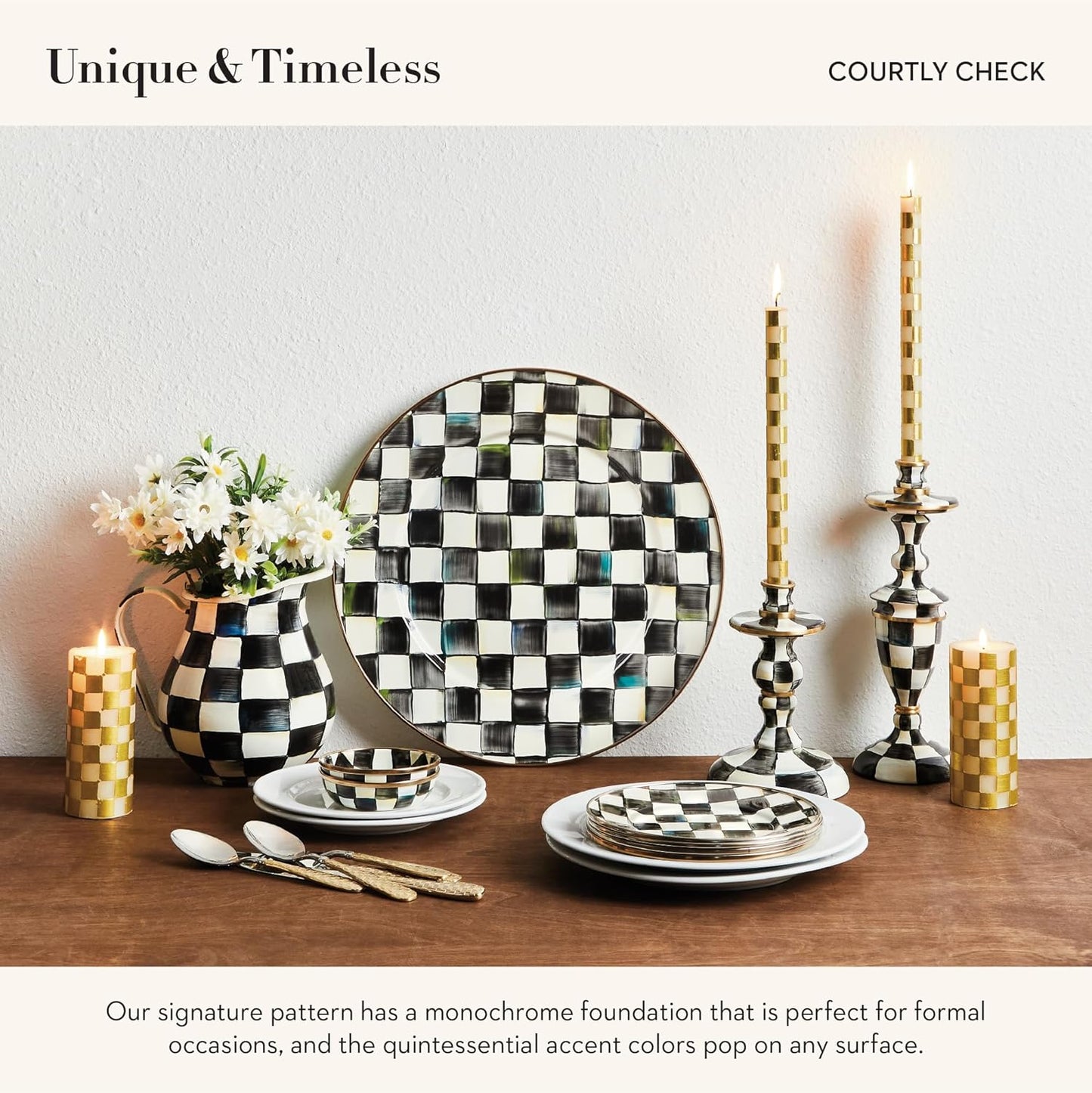 MACKENZIE-CHILDS Enamel Dipping Bowl, Small Serving Bowl for Entertaining, Black-and-White Courtly Check