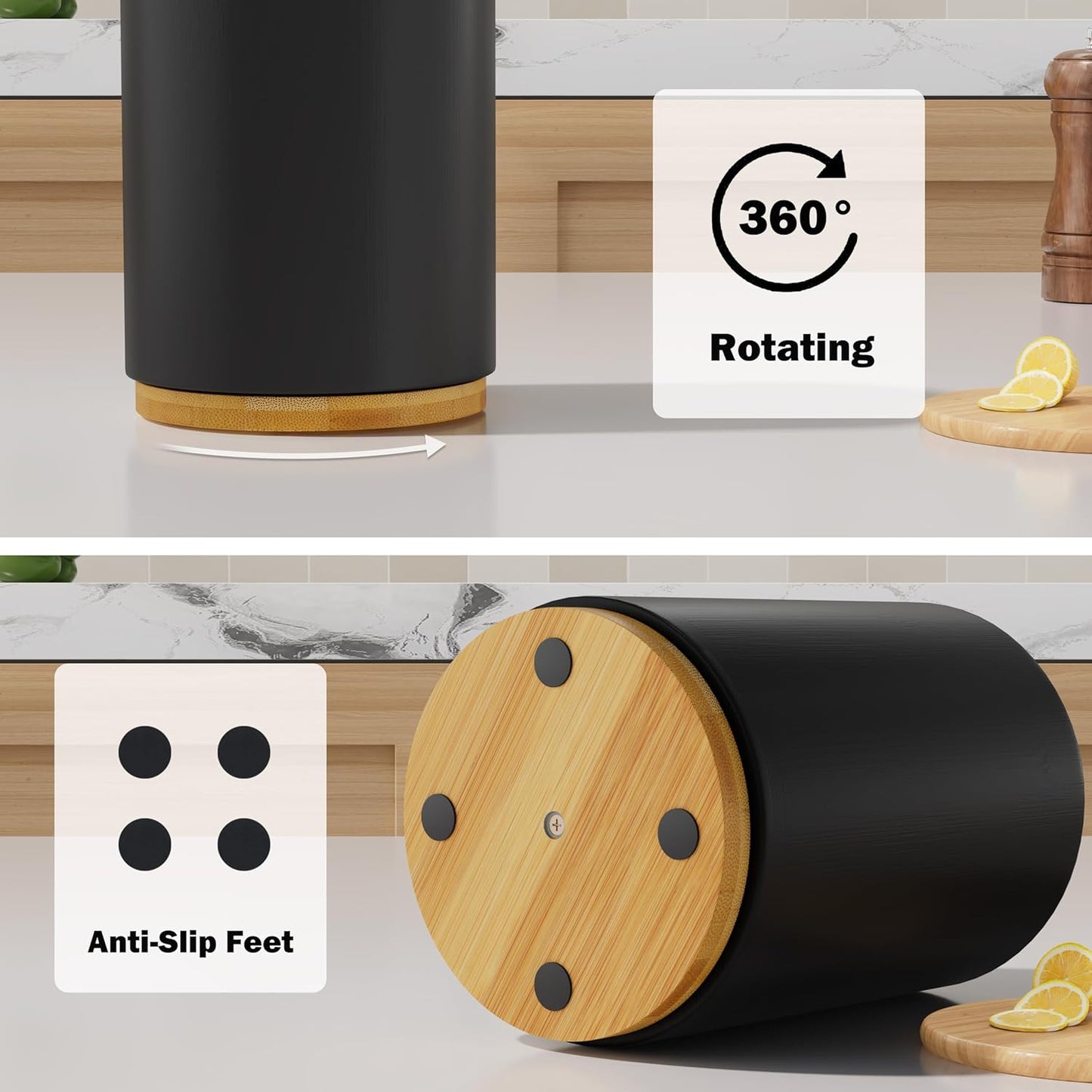 Black Utensil Holder Wood Kitchen Utensil Holder for Countertop, 360°Rotating Cooking Utensil Crock for Counter, 7.2" Large Utensil Organizer for Spatula Kitchen Decor