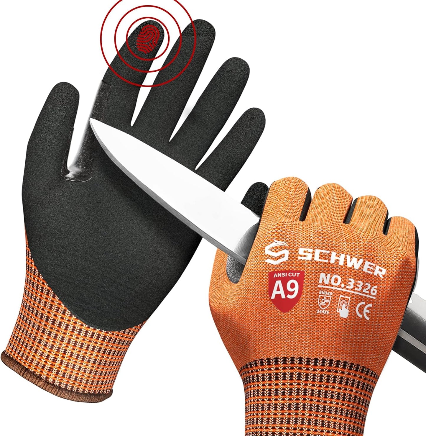 Schwer ProGuard Highest Level Cut Resistant Work Gloves PR3326 for Extreme Protection，ANSI A9 Cut Gloves with Reinforced Thumb, Non Slip, Non PFAS, Durable, Touch-screen, Orange 1 Pair(XXL)