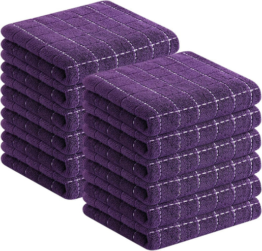 Homaxy 100% Cotton Terry Kitchen Towels(Purple, 13 x 28 inches), Checkered Designed, Soft and Super Absorbent Dish Towels, 12 Pack
