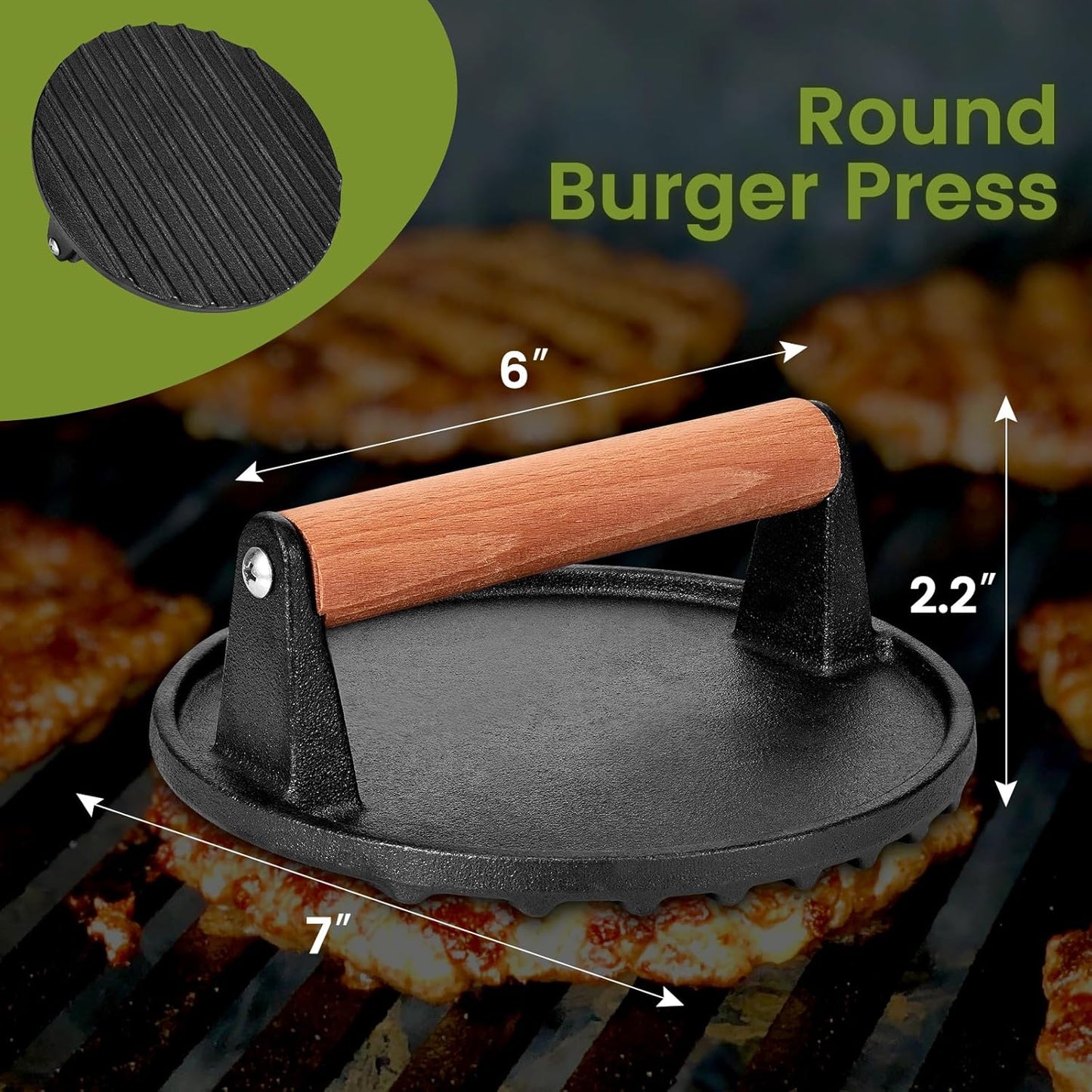 Smashed Burger Press, 7” Round Heavy-Duty Cast Iron Smash Meat Steak with Wooden Handle for Blackstone Griddle, Juicy and Crispy Burgers for BBQs, Cookouts