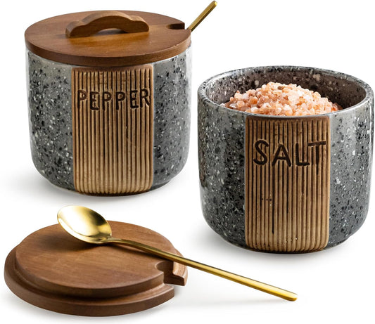 Salt and Pepper Bowl Ceramic, 10 Oz Salt Containers for Countertop Salt Cellar with Wooden Lid and Spoons, Salt and Pepper Set Marble Design, Gray