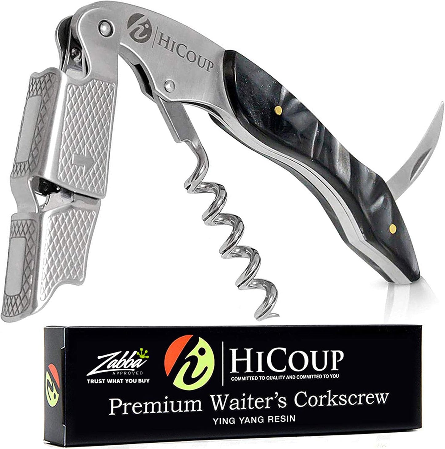 Hicoup Wine Opener - Professional Corkscrews for Wine Bottles w/Foil Cutter and Cap Remover - Manual Wine Key for Servers, Waiters, Bartenders and Home Use - Ying Yang