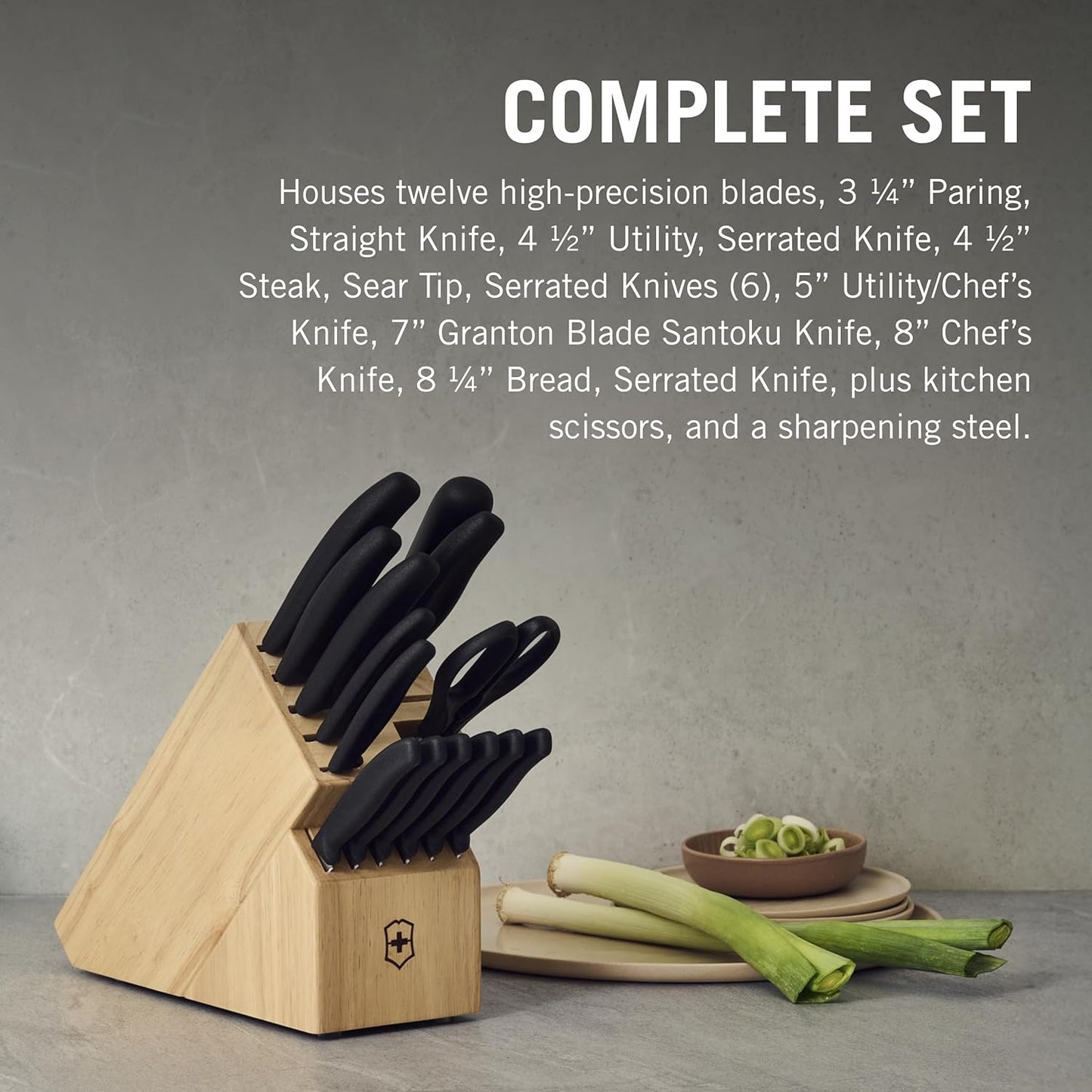 Victorinox Swiss Classic Knife Block - Kitchen Knife Set with Block for Home Essentials - Includes Chef's Knife, Santoku Knife & More - Black Handles, 15-Piece Set
