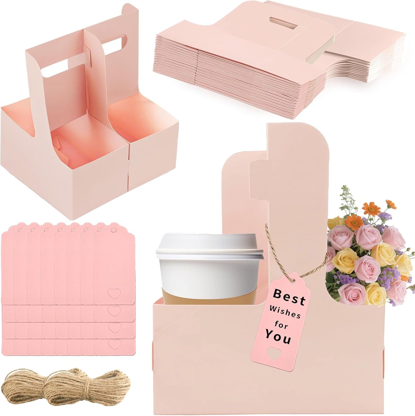 2 Cup Drink Carrier,32 Pack Coffee Cup Holders with Handle,Cardboard Cup Holders for Hot or Cold Drinks,Coffee Carrier with Ribbon and Card,Food Delivery Services and Bouquet(Pink)