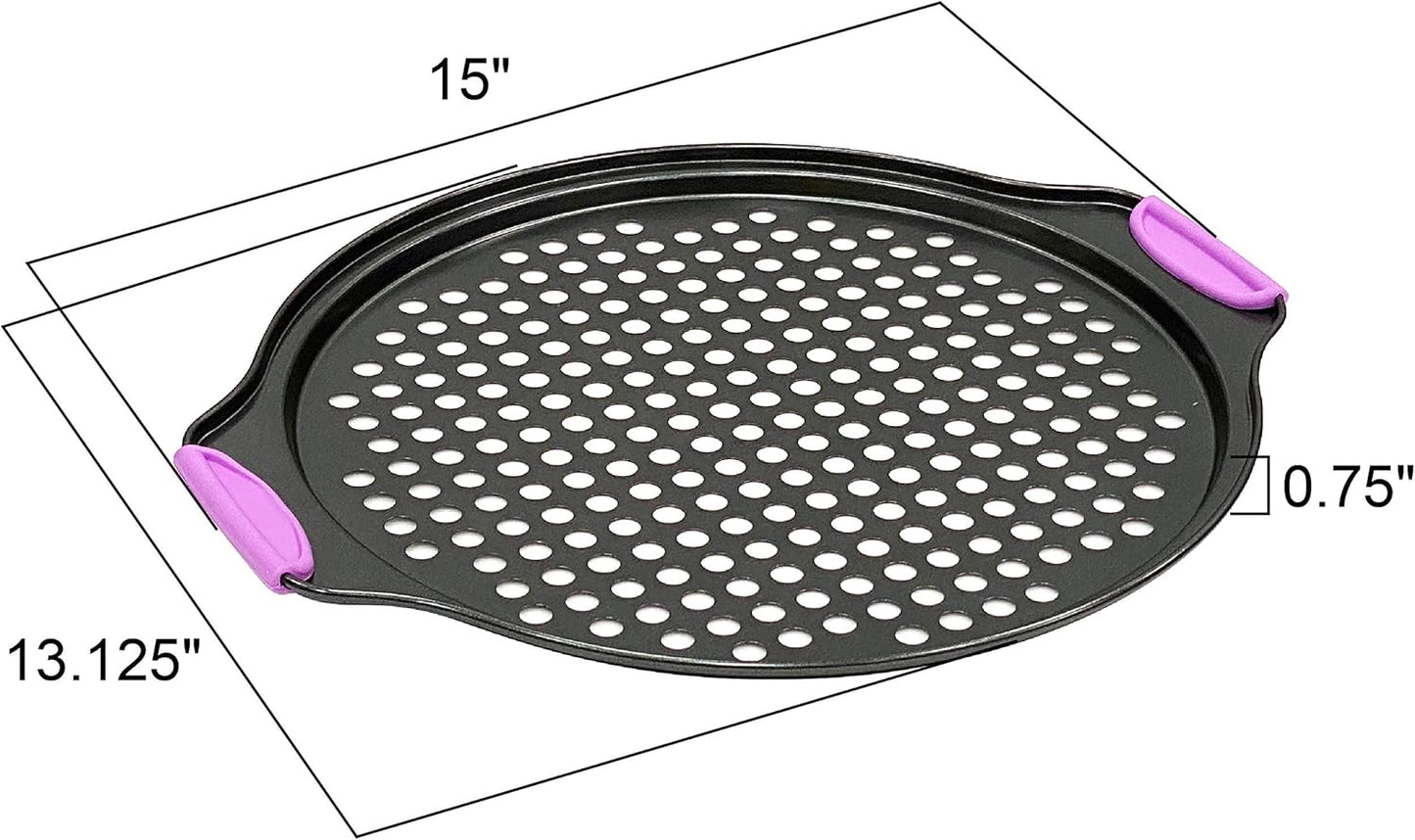 Amazing Abby - Chef Stacy - 2-Pack 13-Inch Non-Stick Pizza Pan with Holes, Perforated Pizza Crisper with Heat-Resistant Silicone Handle Grips, Oven-Safe Bakeware, Carbon Steel Baking Pan for Oven