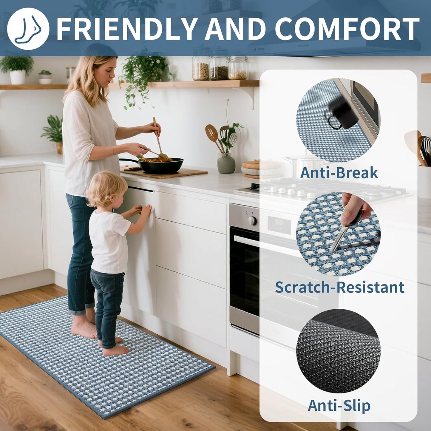 Kitchen Rugs Non Slip Washable, Rubber Backing Soft Chenille Braided Kitchen Mats for Floor, Super Absorbent Kitchen Runner Rug Standing Mat Sink Mat, Easy to Clean, Blue 17"x47"