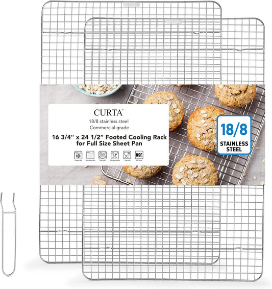 CURTA 2 Pack 16.8" X 24.4" Chef Cooling Rack,NSF Listed 18/8 Stainless Steel Oven Safe Grid Wire Cookie Cooling Racks for Baking & Cooking - Commercial Grade comes with Lifting Handl