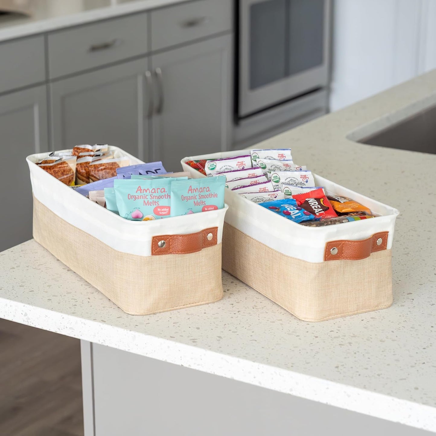 OrganiHaus Narrow Storage Bins 15x06in, Small Closet Bins for Shelves, Bathroom Storage Baskets for Shelves, Narrow Baskets, Fabric Organizer with Handles, Toilet Paper Organizer - 2 Pack, Beige