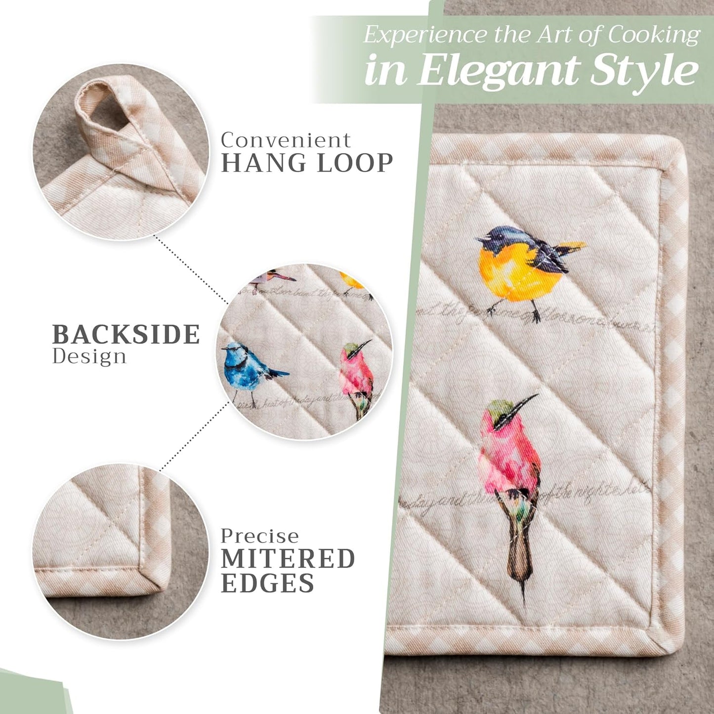 Maison d' Hermine 100% Cotton Oven Mitt & Pot Holder Set (7.5"x13" & 8"x8") Heat Resistant BBQ Cooking Gloves with Loop, Baking, Grilling, Kitchen, Handling Hot Pans Spring/Summer (Birdies On Wire)