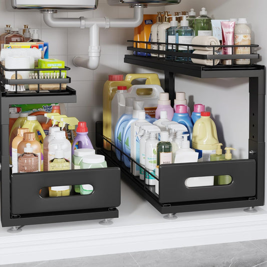 2 Pack 21 IN Depth Pull Out Cabinet Storage With Smooth Rails,2-Tier Dual Pull Out Cabinet Storage For Bathroom Kitchen,Under Sink Shelf-Black