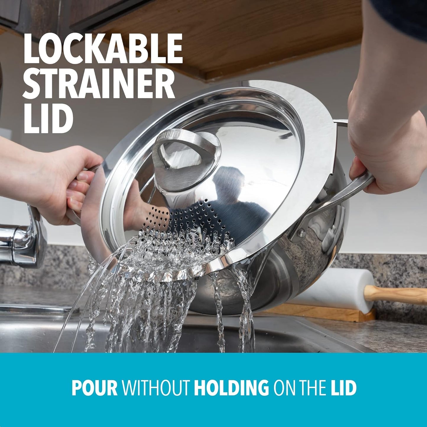 Bialetti 6-Quart Nonstick Aluminum Pasta Pot with Strainer Lid and Handles, PFOA-Free Nonstick Oval Cooking Pot and Lid, Silver