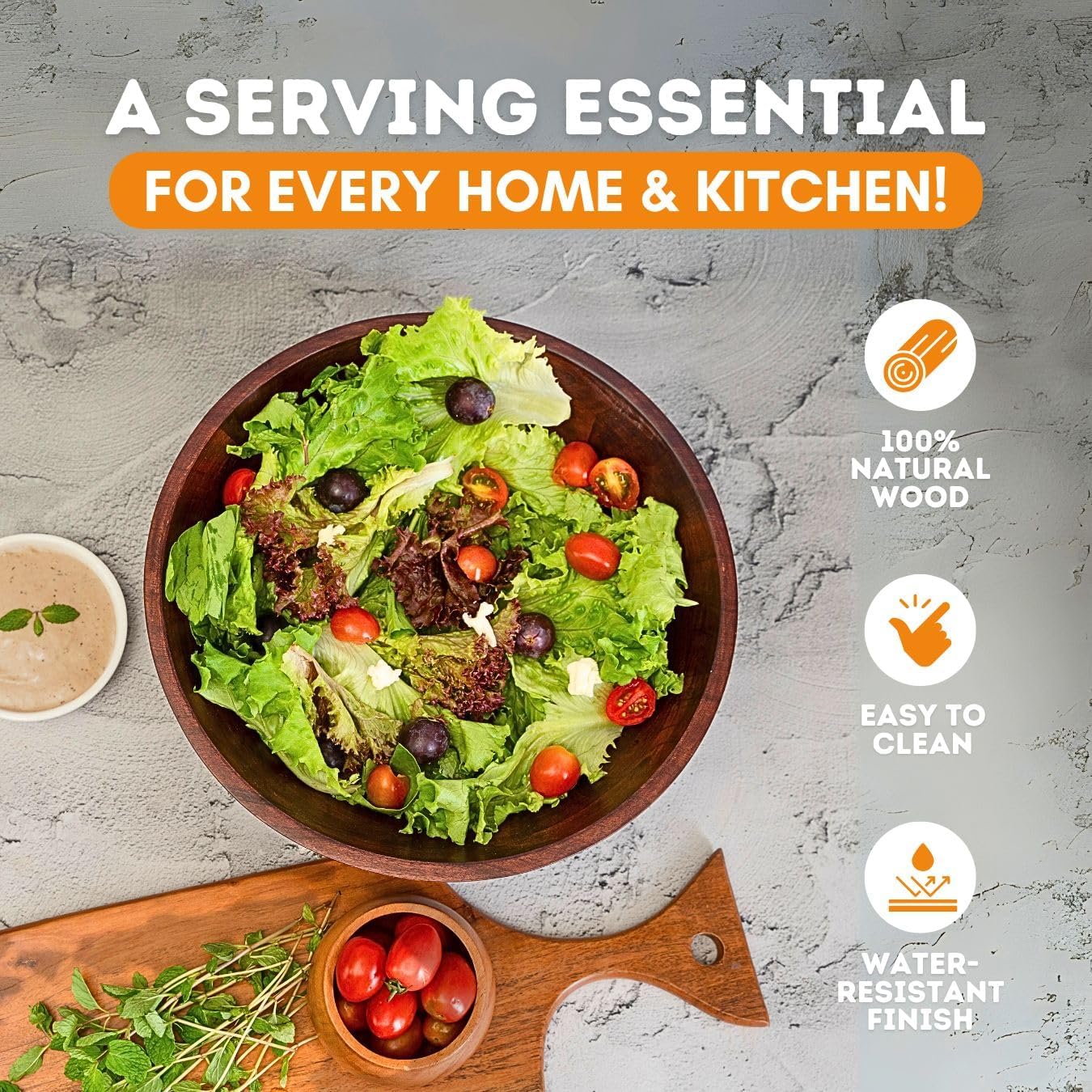 Luxe Designs Wooden Salad Bowl Set - Food Safe & Sustainable Decorative Bowl - Wood Bowl for Fruits, & Salads - Easy to Clean Large Salad Bowls Set w/Spoon, Fork – Wooden Bowls for Food (Dark Burnt)