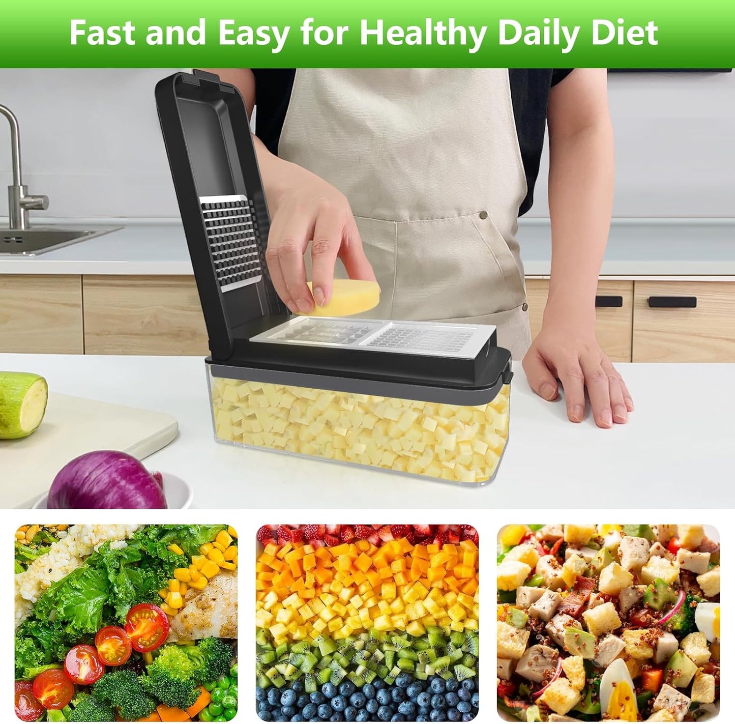 Vegetable Chopper, Onion Chopper Dicer, Mandoline Slicer, Food Chopper with Container, Vegetable Cutter for Salad Potato Carrot Garlic（10 Blades, Black White）