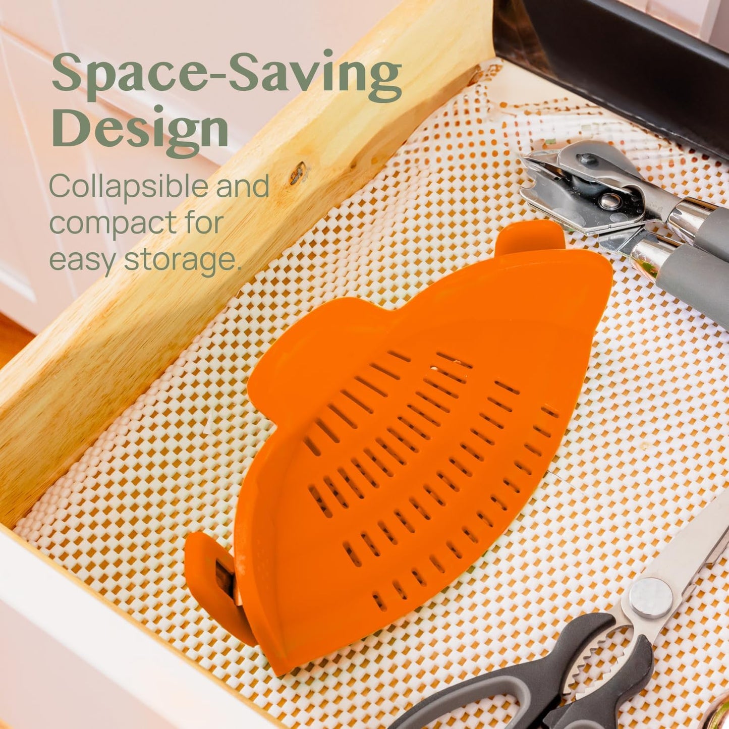 Kitchen Gizmo Snap N Strain Clip On Strainer for Pots and Pans - Adjustable Silicone Colander for Kitchen - Compact Clip-On Food Strainer for Draining Pasta and Vegetables - Orange