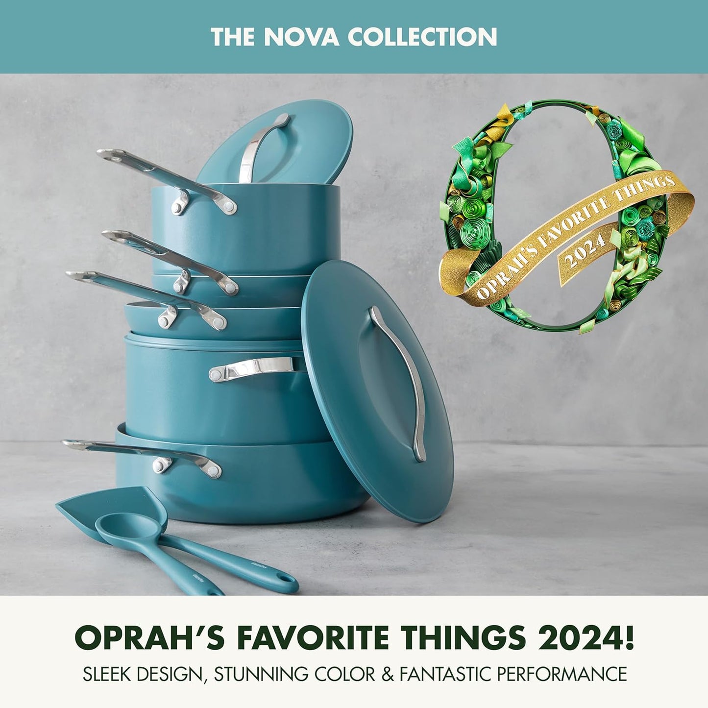 GreenPan Nova 10-Piece Cookware Pots & Pans Set, Oprah’s Favorite Things 2024, PFAS-Free Ceramic Nonstick, Fry, Sauté, Stockpot, Utensils, Lids, Induction Suitable, Dishwasher & Oven Safe, Deep Teal