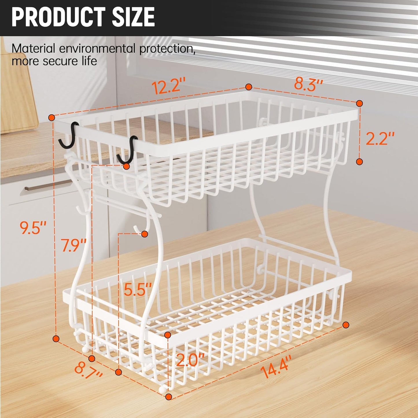 Fruit Basket,2-Tier Fruit Bowl with Banana Hanger,Kitchen Storage Countertop Rack,Fruit Metal Bowls Perfect for Holding Fruit,Vegetables,Snacks(White)