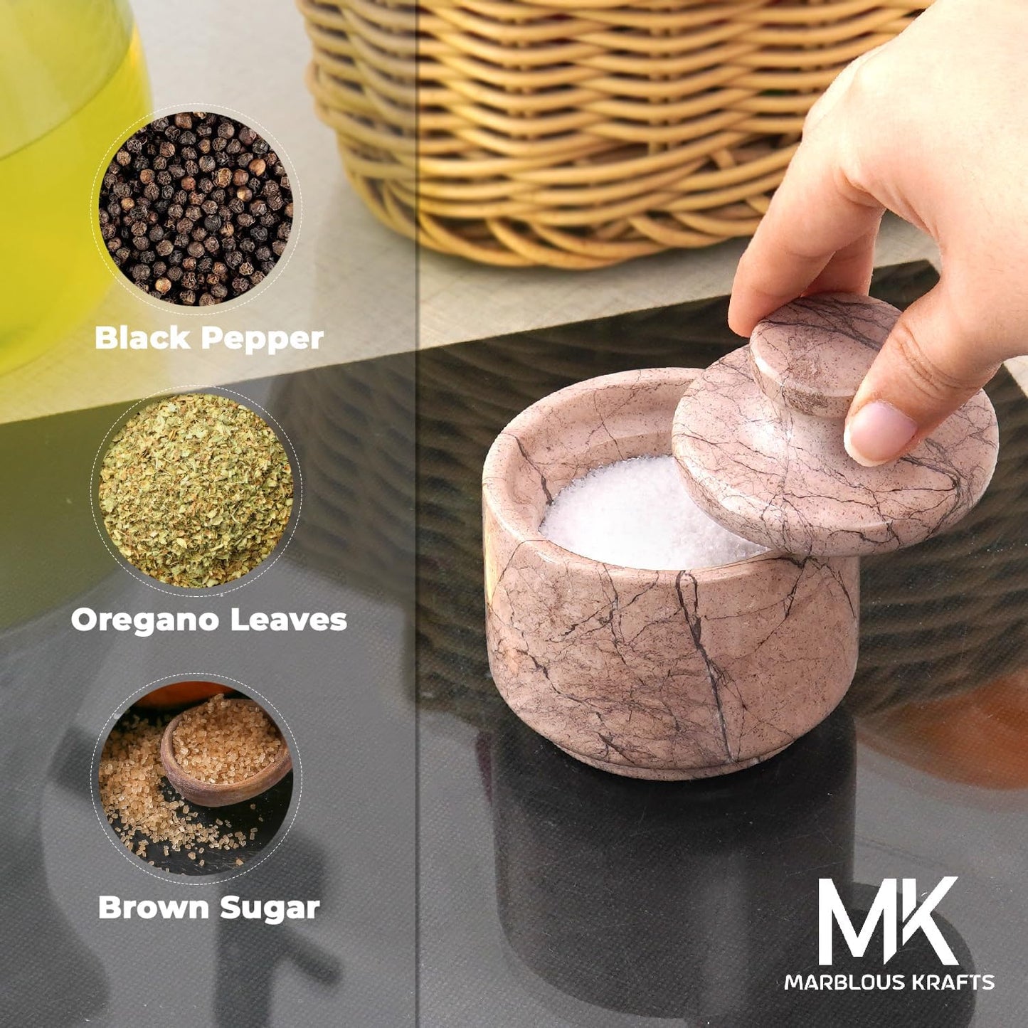 Marble Salt Cellar with Lid 3" Marinara Stone Salt Holder for Counter, Spice Jar, Salt Box, & Stone Salt Container, Salt & Spice Jar