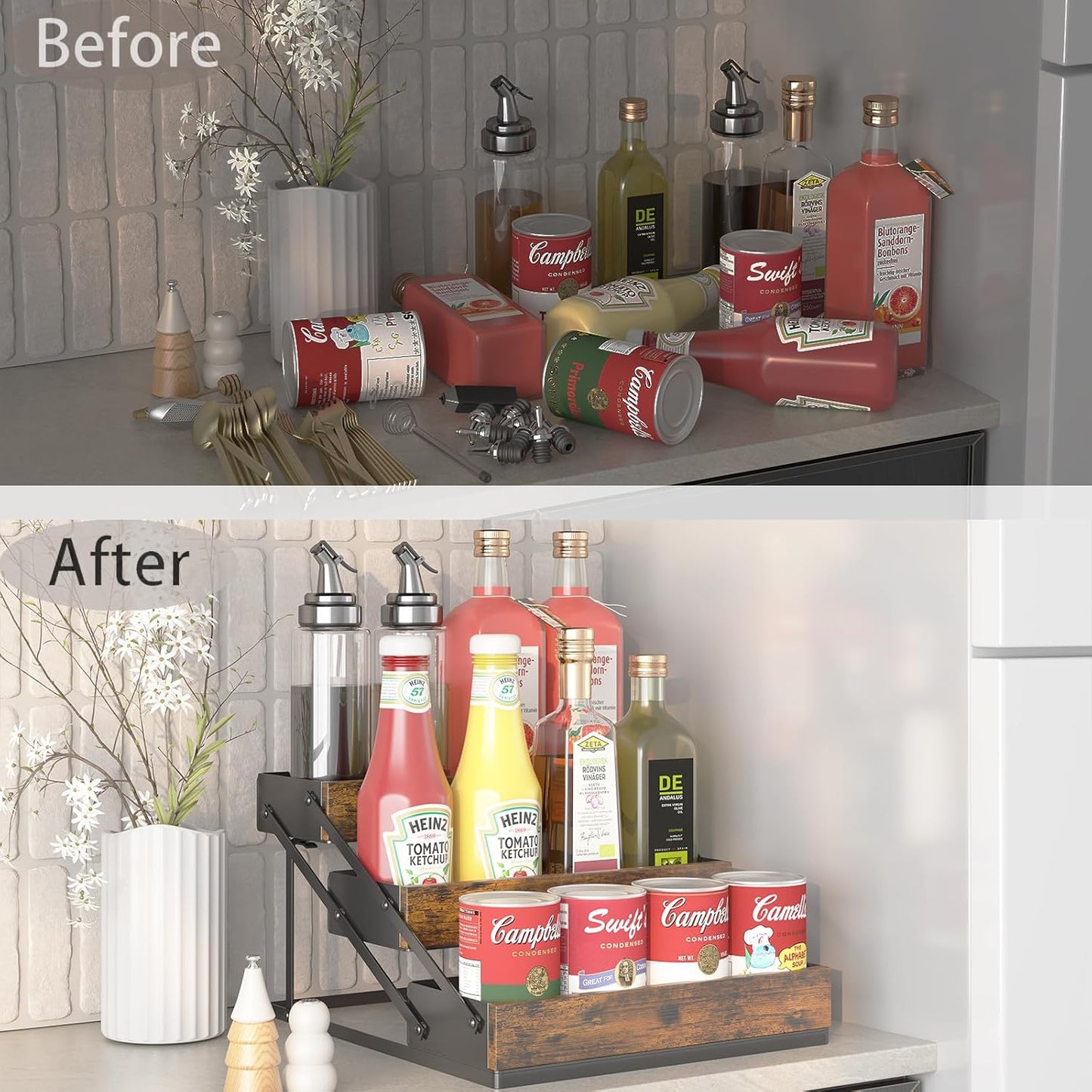 3 Tier Foldable Spice Rack Organizer for Countertop, Step Shelf with Spice Jars for Kitchen Cabinet Drawers Seasoning Rustic Wooden Spice Holder for Home, Cupboard or Door - 2PCS