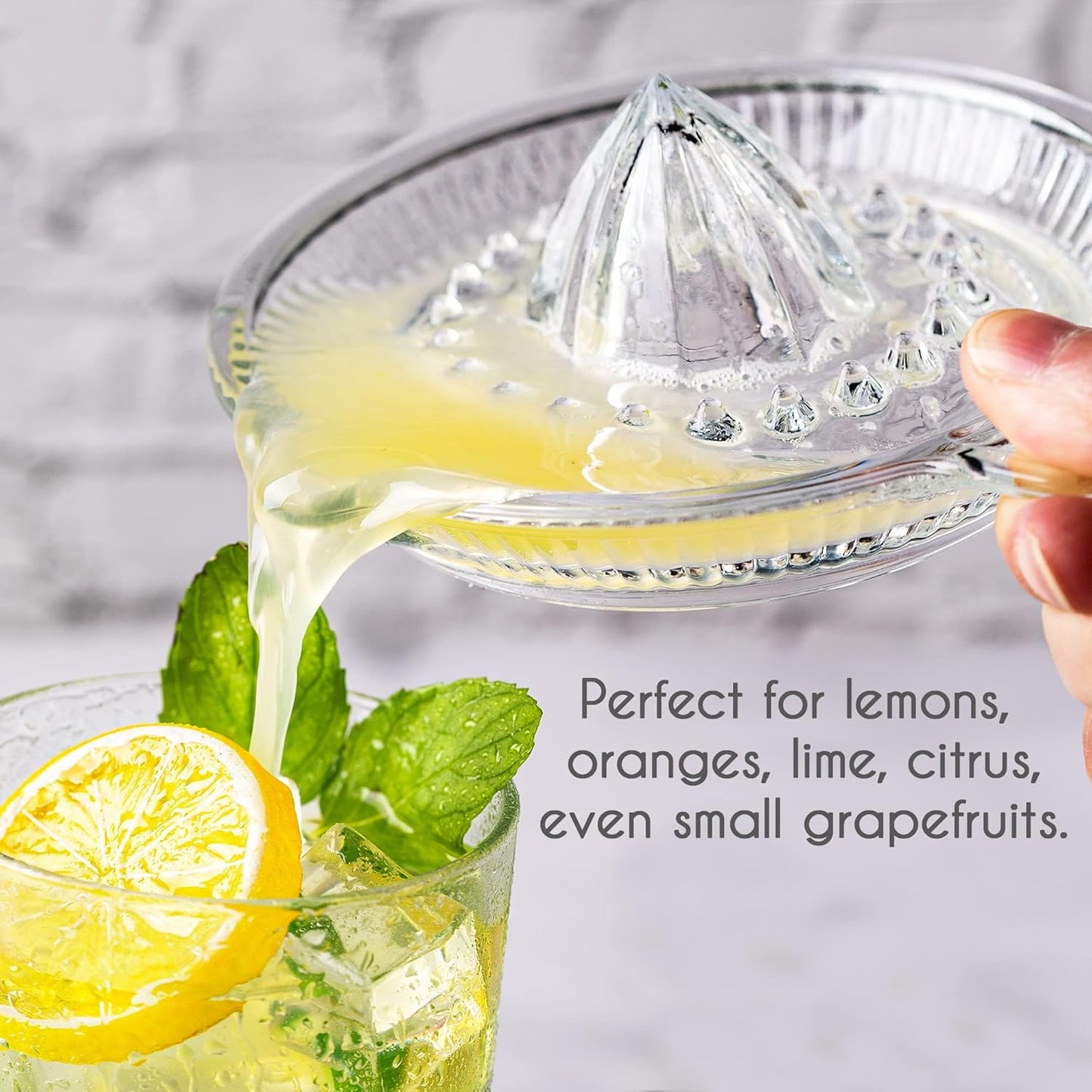 Crystalia Lemon Squeezer, Small Citrus Juicer, Extractor Manual Hand with Handle and Pour Spout, Lead-Free Heavyweight Crystal Clear Glass