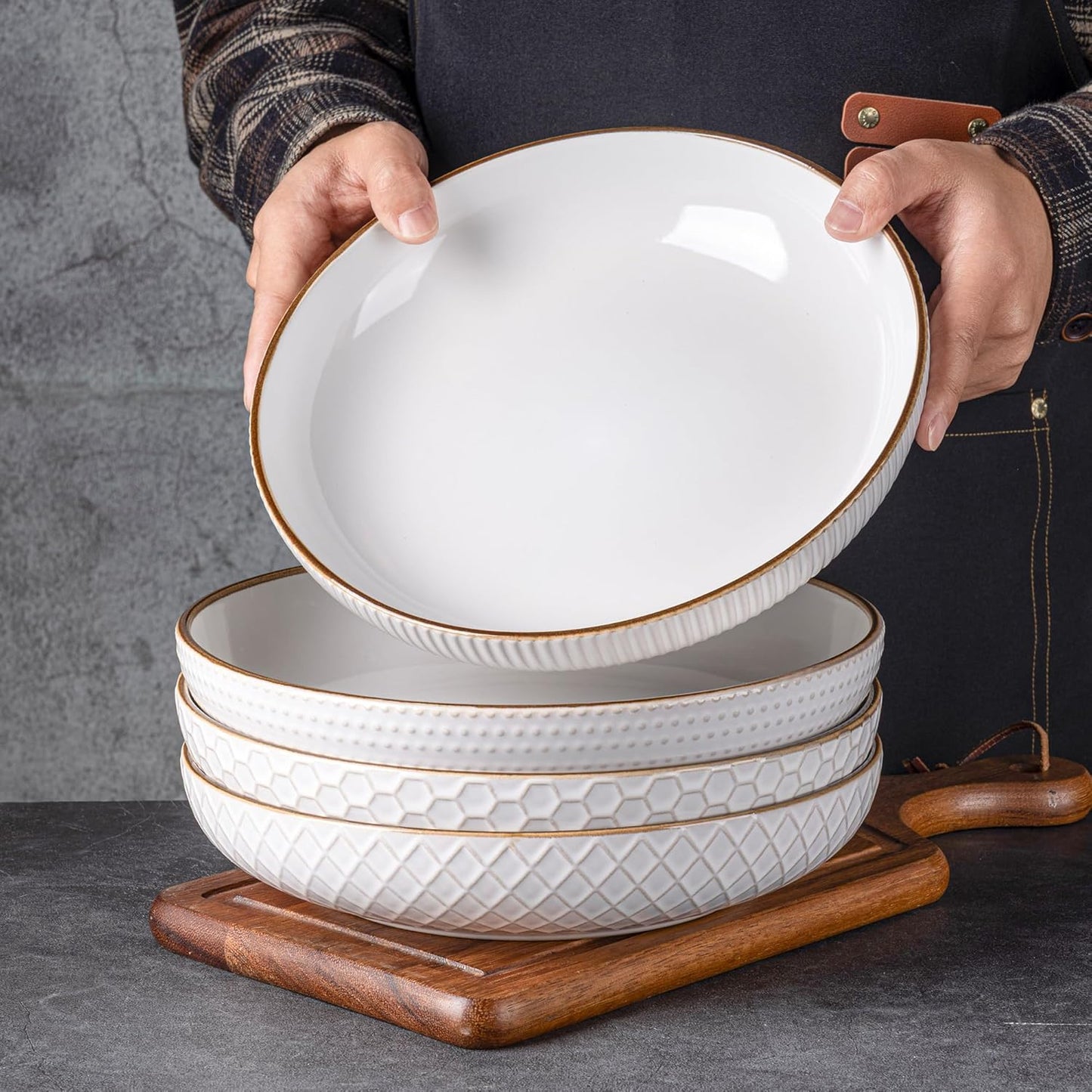 GBHOME 9.5'' Large Pasta Bowls, 42 Ounce Stoneware Salad Bowls for Kitchen, Ceramic Serving Bowls With Textured Pattern for Pasta,Fruit, Stews,Noodle, House-warming Gift,Set of 4-Off White