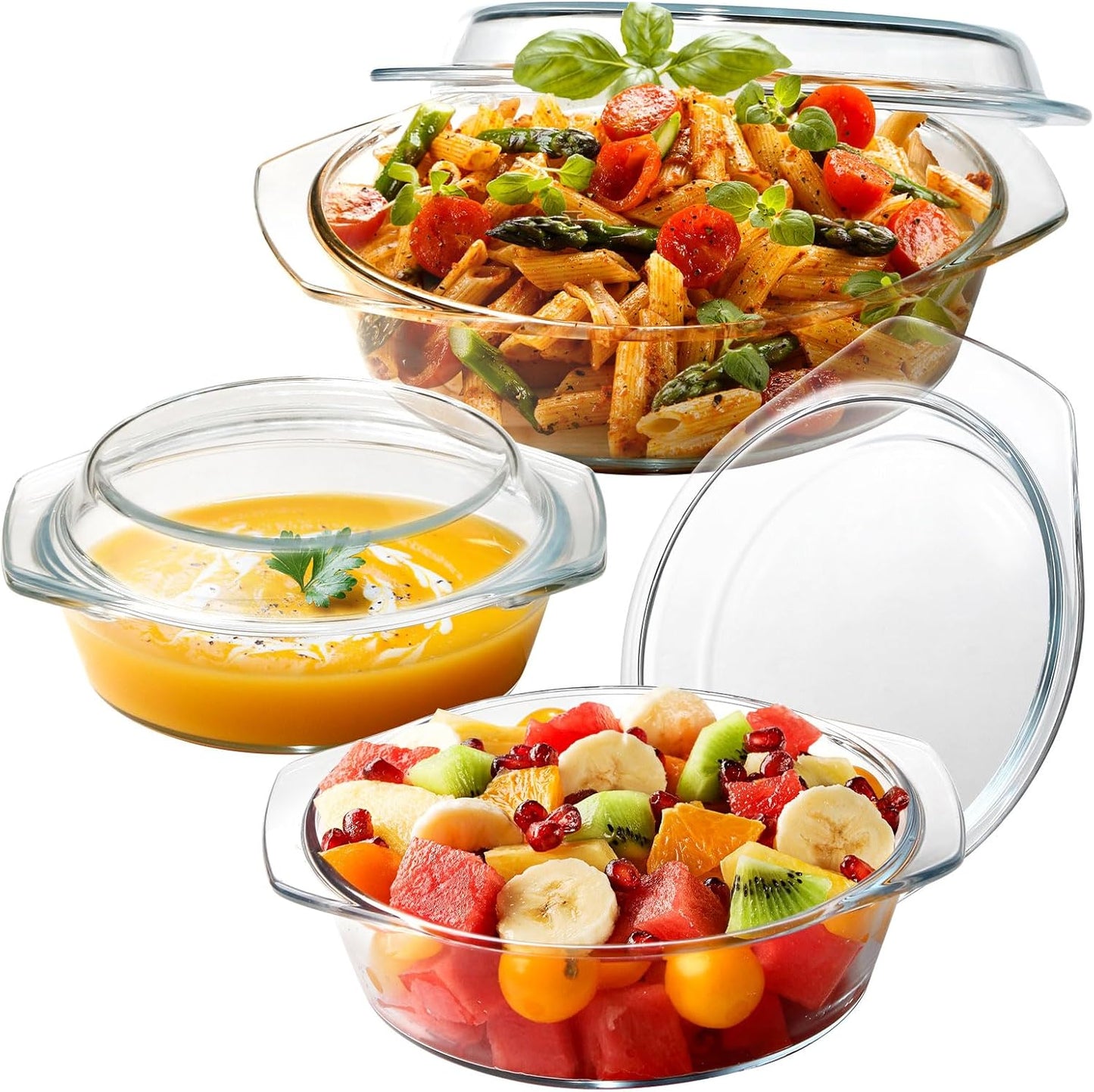 ZYER Round Glass Casserole Dish Set, Glass Casseroles with Lid (Set of 3-1L, 1.4L, 1.7L)
