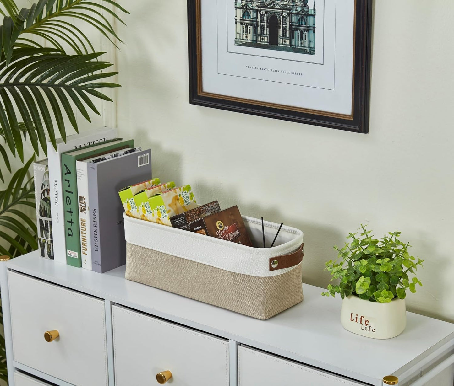 DECOMOMO Narrow Storage Bins Small Baskets for Organizing Bathroom, Toilet Tank, Towel Storage, Entryway, Gifts (Beige and White - Set of 4)