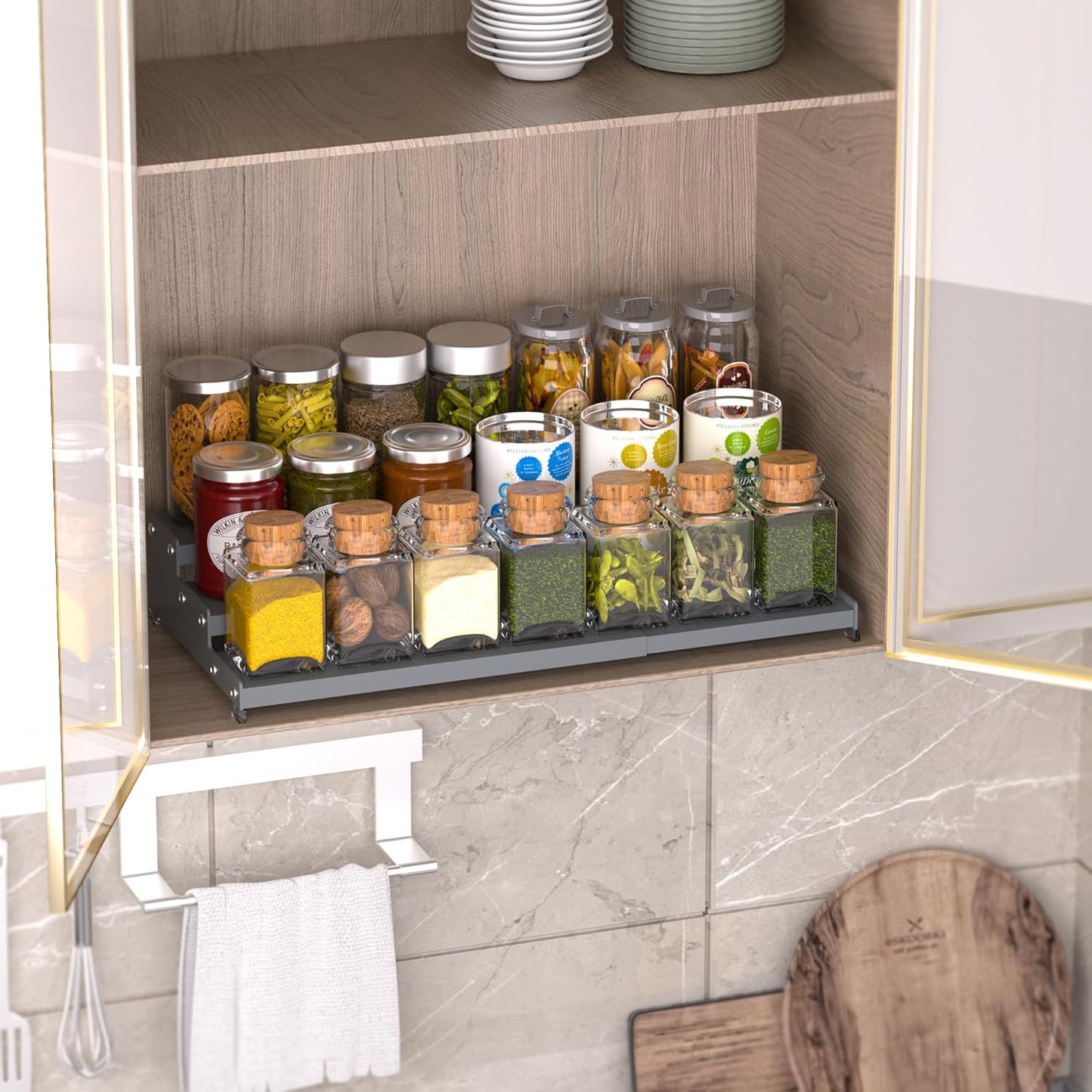 Premium Spice Rack Organizer for Countertops - 3-tier space-saving kitchen organizer for spice jars, oil bottles and utensils 1 Pack Grey (modern rust-resistant design)