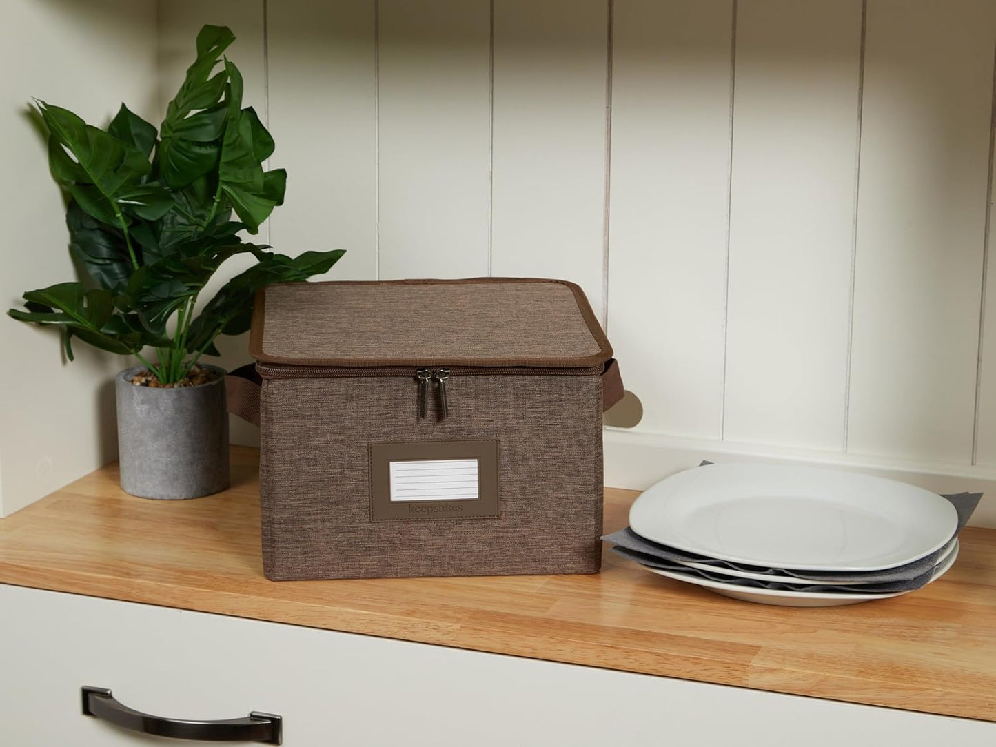 Covermates Keepsakes Dish Storage Box - Stackable, Reinforced Handles, China Storage, Brown Heather