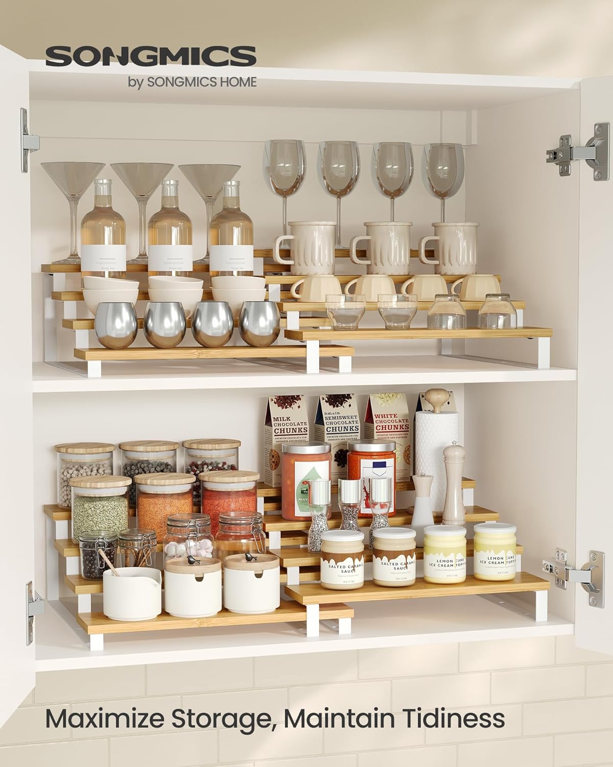 SONGMICS Display Risers, Set of 2 Engineered Wood Perfume Organizer Stand, 4-Tier Cupcake Stand Holder, Spice Rack, Shelf Risers for Figures, Dessert Shelves, Natural Beige and Cloud White UKCS216N02