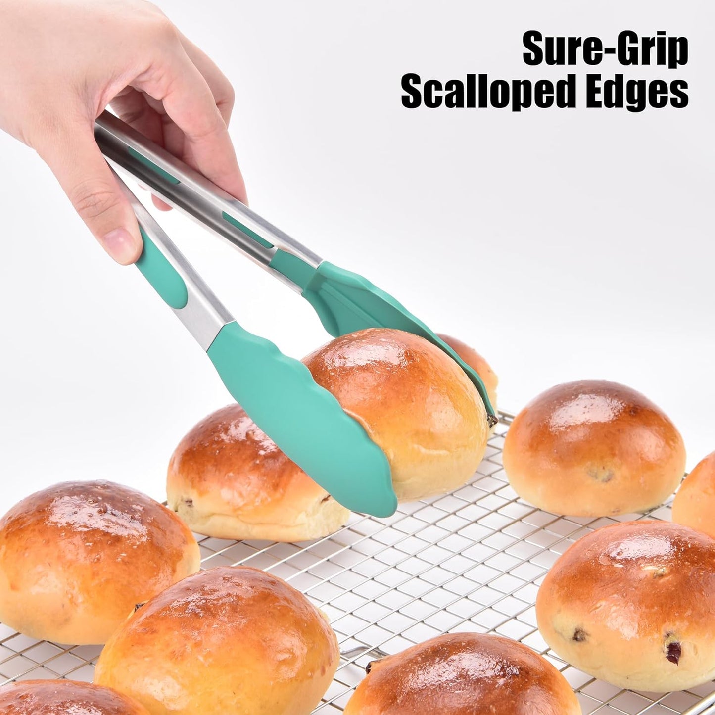 Doosu Kitchen Tongs for Cooking - 600°F Heat Resistant Food Tong with Non-Scratch Silicone Tips, Heavy Duty Stainless Steel Locking Tong for BBQ, Grilling Steak, Serving Salad, Pasta (9in, Aqua Sky)