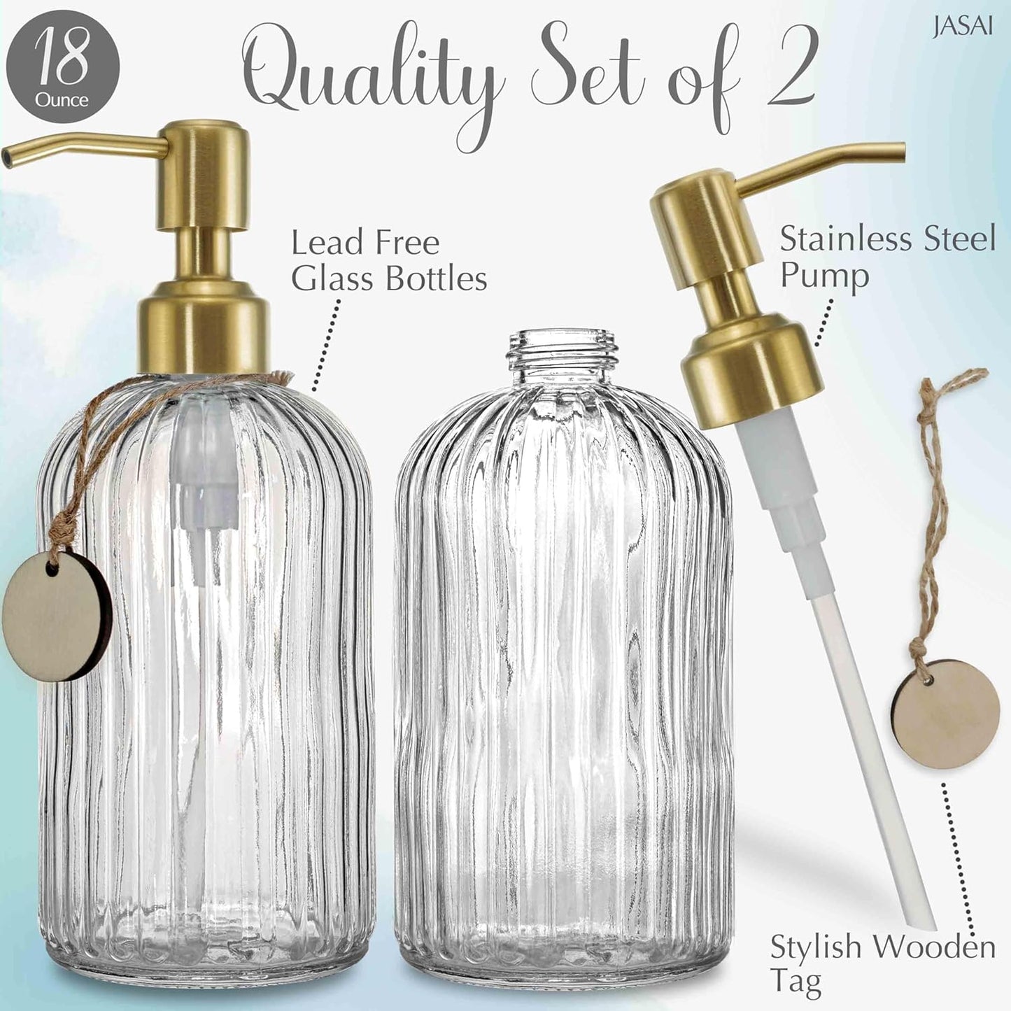 JASAI 2PACK 18Oz Fluted Glass Soap Dispenser with Golden Rust Proof Pump, Refillable Kitchen soap Dispenser with Vertical Stripe, Bathroom Soap Dispenser for Dispense Hand soap, Dish Soap, Lotion.