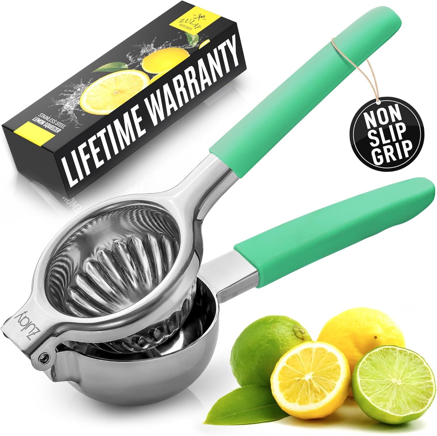 Zulay Lemon Squeezer Stainless Steel with Premium Heavy Duty Solid Metal Squeezer Bowl and Food Grade Silicone Handles - Large Manual Citrus Press Juicer and Lime Squeezer Stainless Steel (Mint)