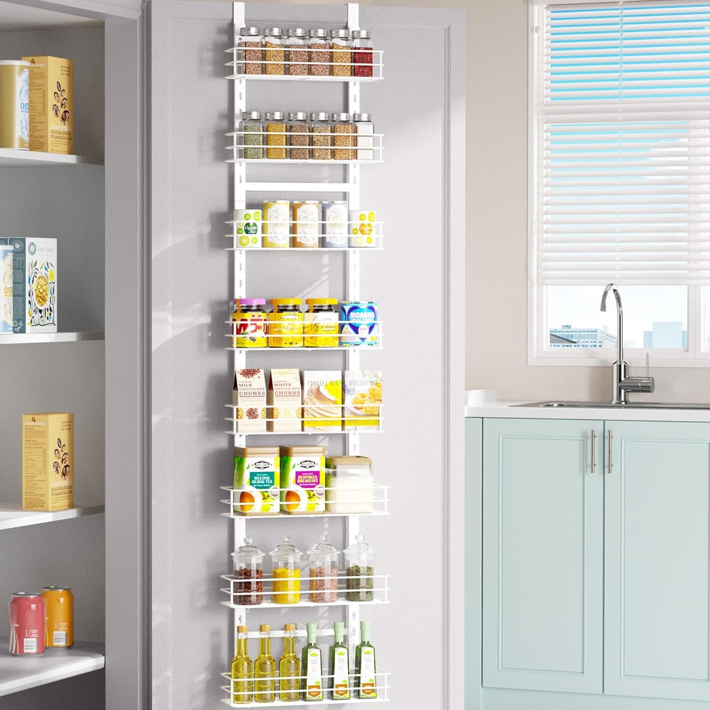 Pantry Door Organizer 12 Inch Wide, 8 Tier Hanging Adjustable Over the Door Spice Rack For Narrow Space,Matt White