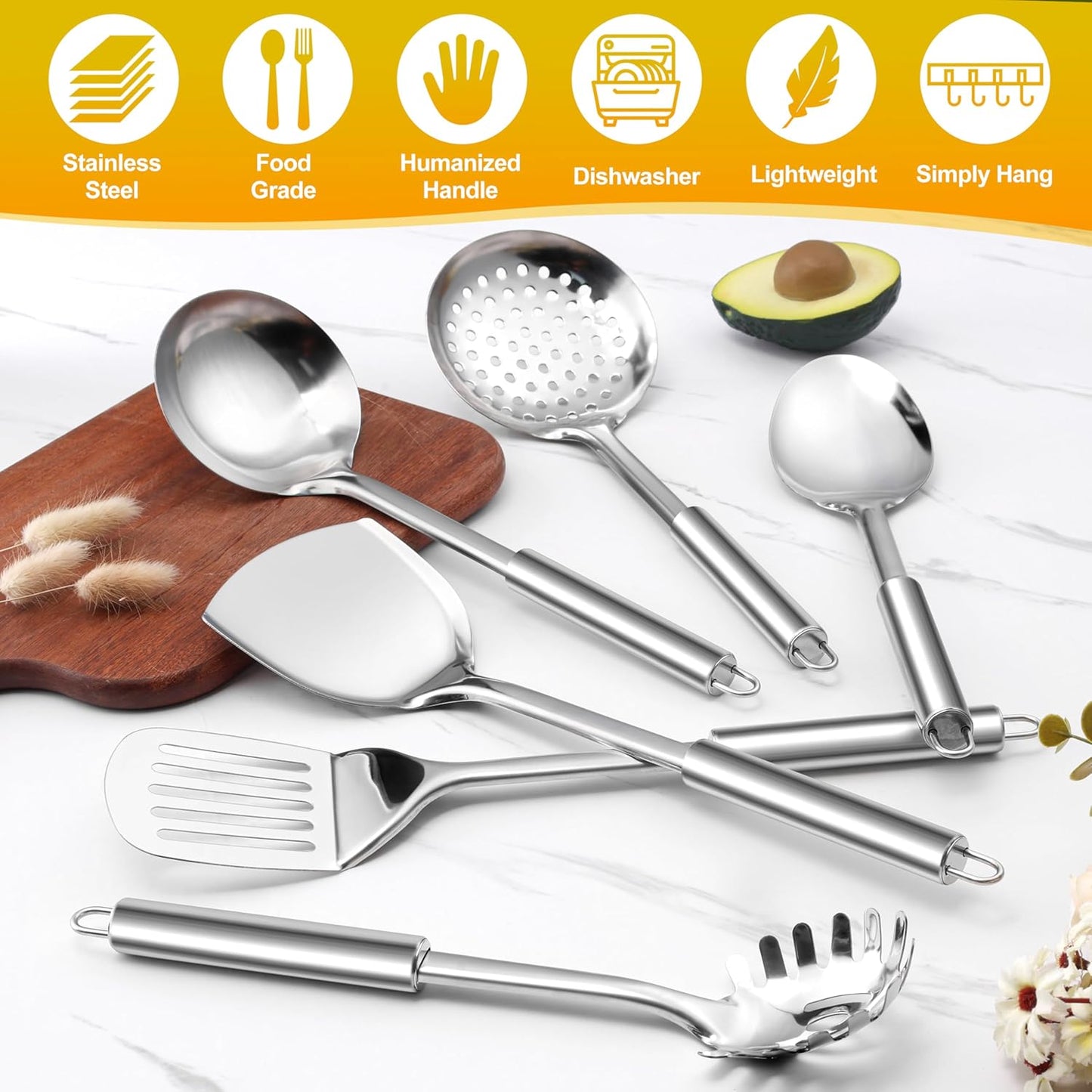 E-far 6-Piece Cooking Utensils Set, Stainless Steel Kitchen Utensils, Metal Heat Resistant Kitchen Tools Set Including Spoon, Soup Ladle, Slotted/Solid Turner, Skimmer, Pasta Server, Dishwasher Safe