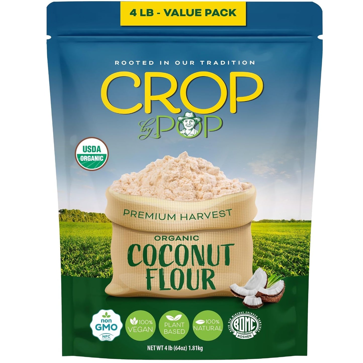 CROP BY POP - Organic Coconut Flour (64 Oz - 4 LB) Packed Fresh in Resealable Bag - USDA Organic, Non GMO - Naturally Grown, Vegan, Kosher