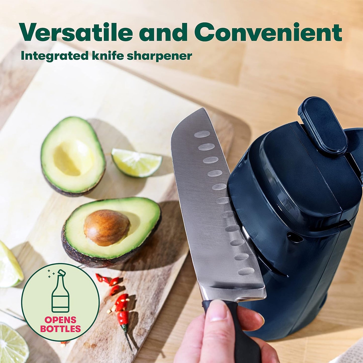 BELLA Electric Can Opener and Knife Sharpener, Multifunctional Jar and Bottle Opener with Removable Cutting Lever and Cord Storage, Stainless Steel Blade, Navy