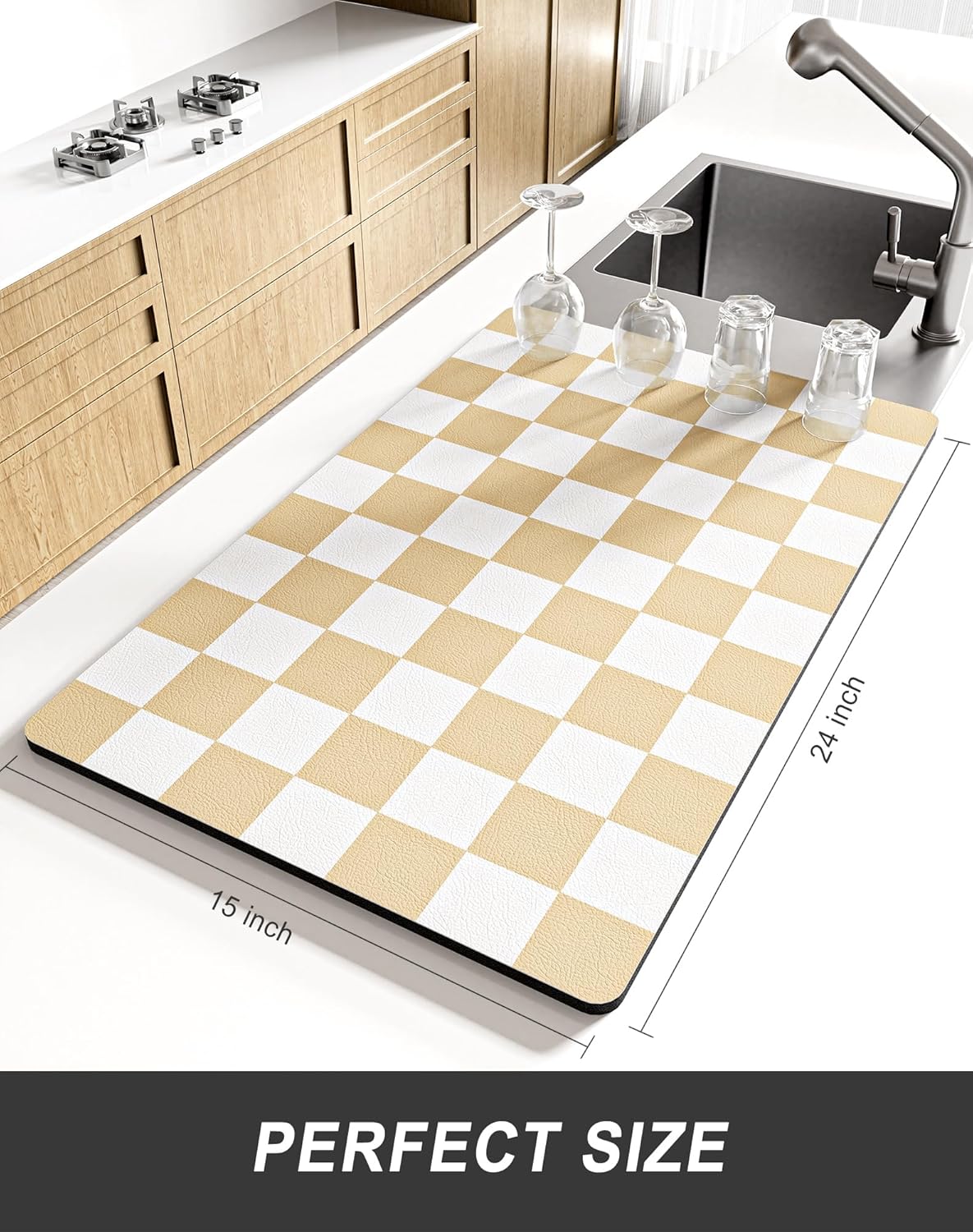 Rnivvi Dish Drying Mat for Kitchen Counter, XL 15 x 24" Cute Checkered Absorbent Draining Pad, Non-Slip Heat Resistant Coffee Bar Mat for Coffee Machine Station Accessories, Beige White Dish Rack Pad