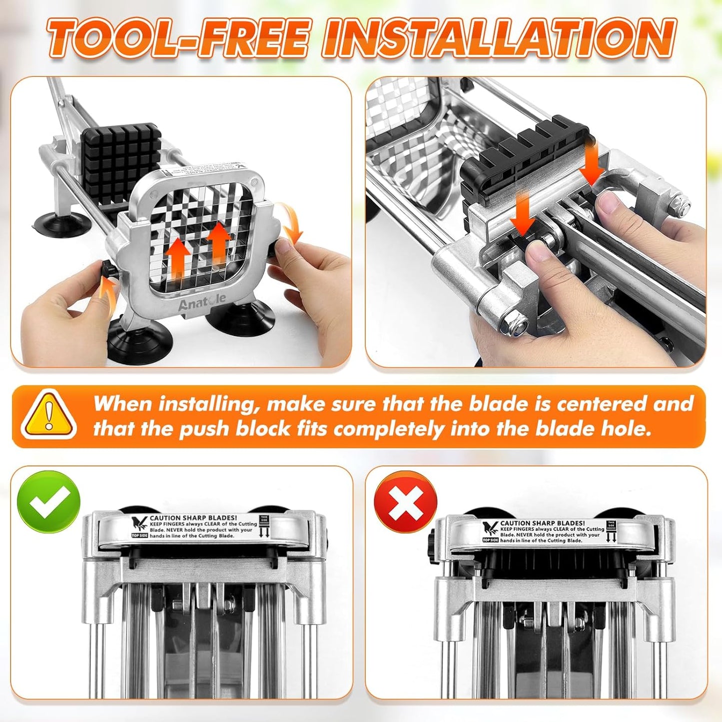 Anatole Professional French Fry Cutter Stainless Steel with 3/8'' 1/2'' Blades Manual Potato Slicer Veggie Chopper Homestyle Dicer for Onions Carrots Cucumbers