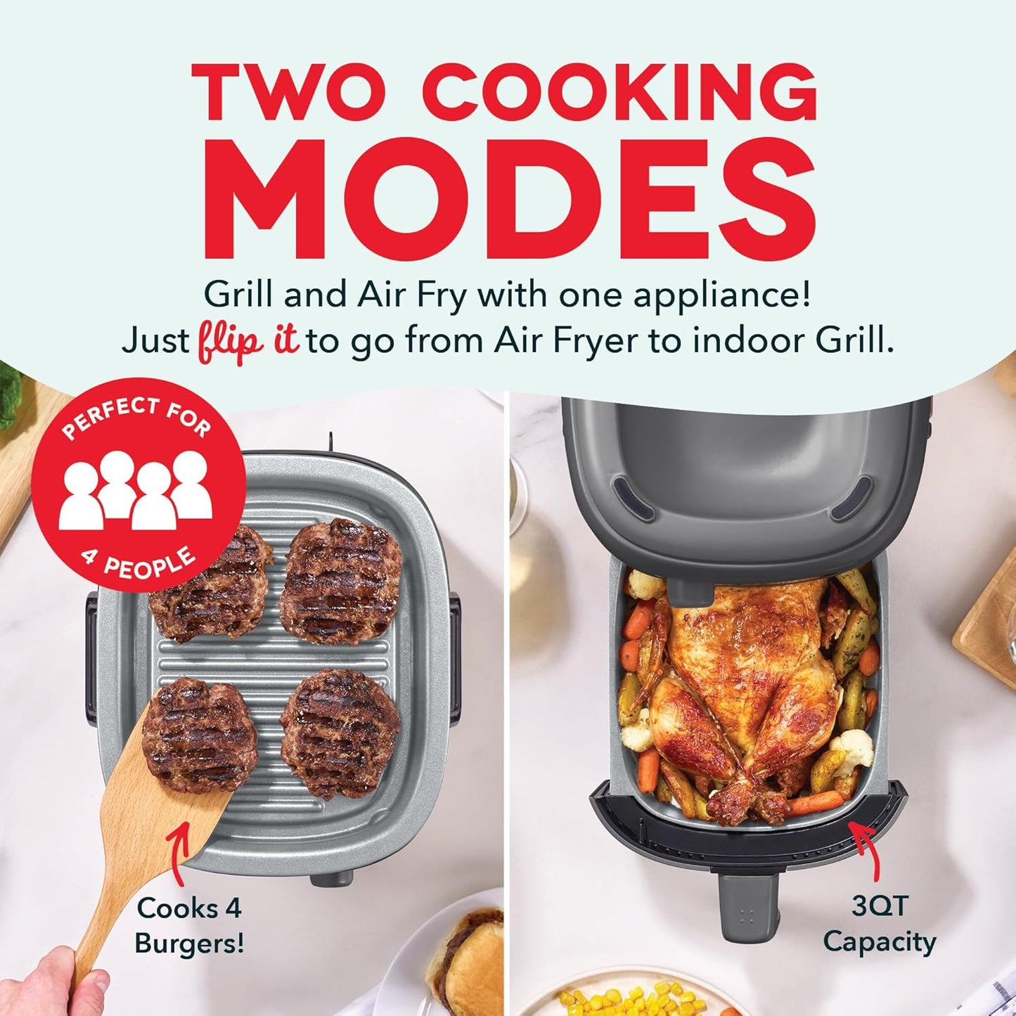 DASH Flip & Fry 2-in-1 Grill + Air Fryer, 3 QT